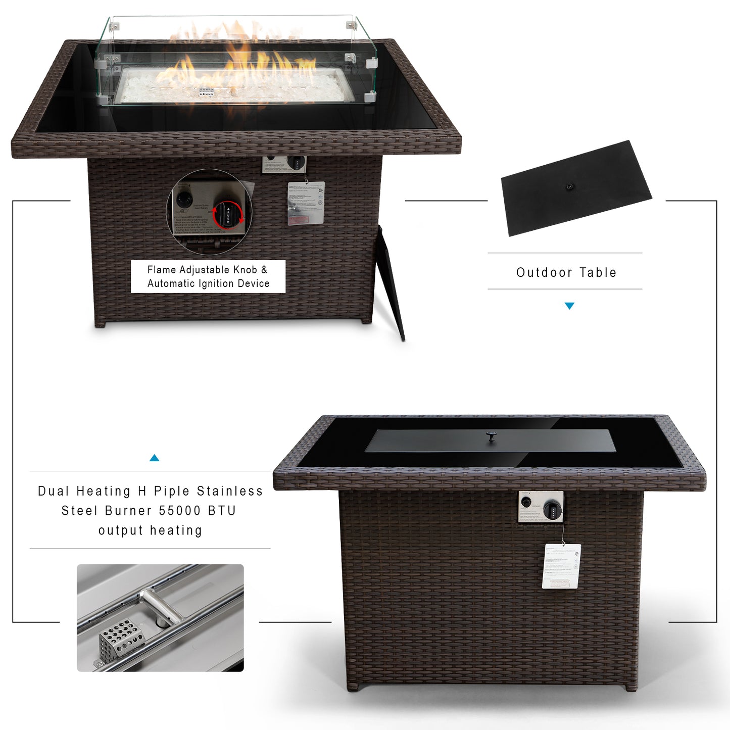 RADIATA Outdoor 43'' Rectangular Brown Wicker Propane Fire Pit Table 55,000 BTU Output Safe Certified