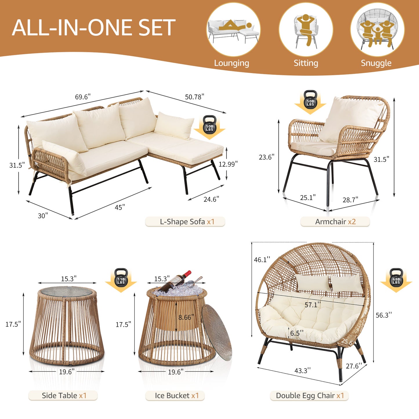 RADIATA Outdoor BOHO Natural Wicker Patio Furniture Set with Beige Cushions