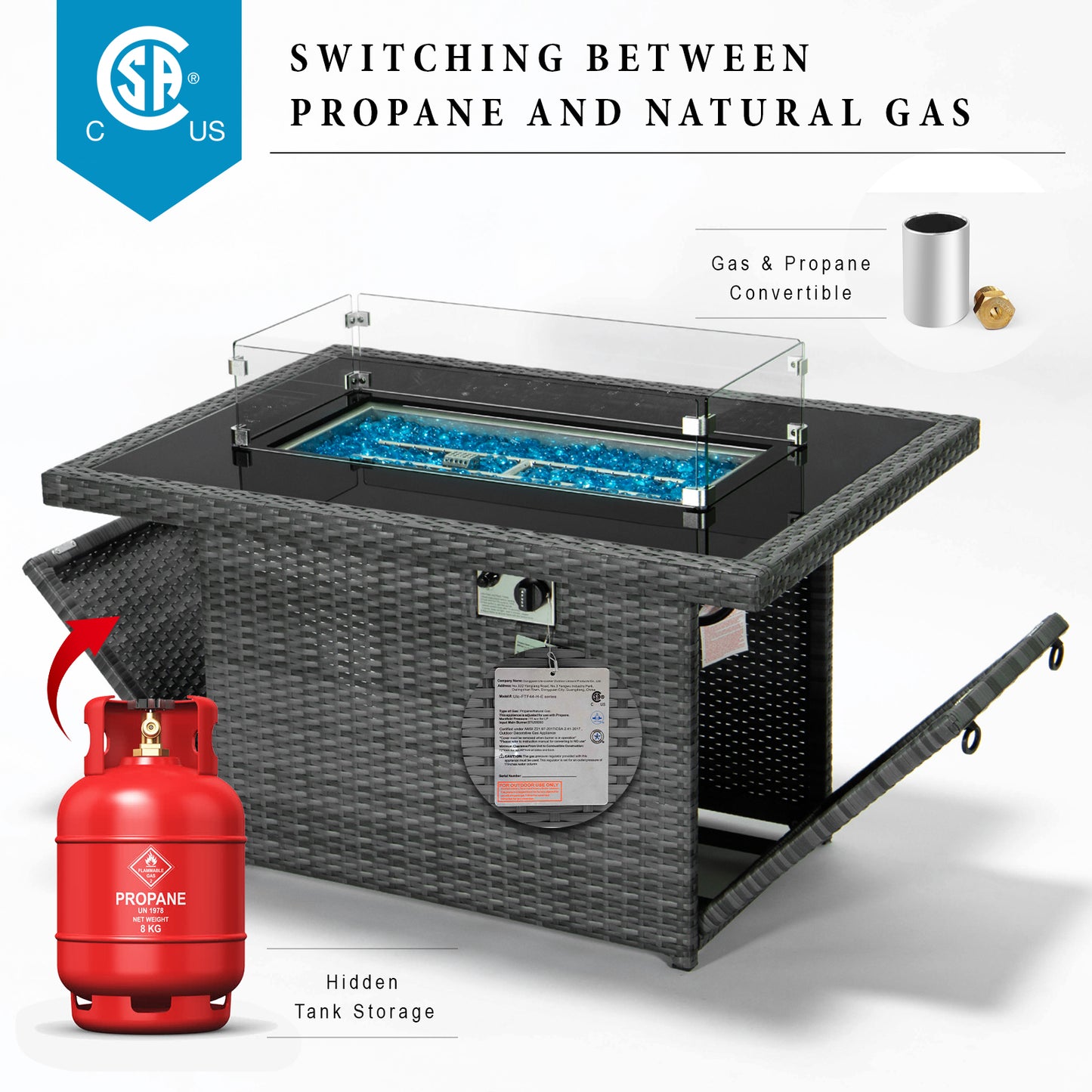 RADIATA Outdoor 43'' Rectangular Gray Wicker Propane Fire Pit Table 55,000 BTU Output Safe Certified