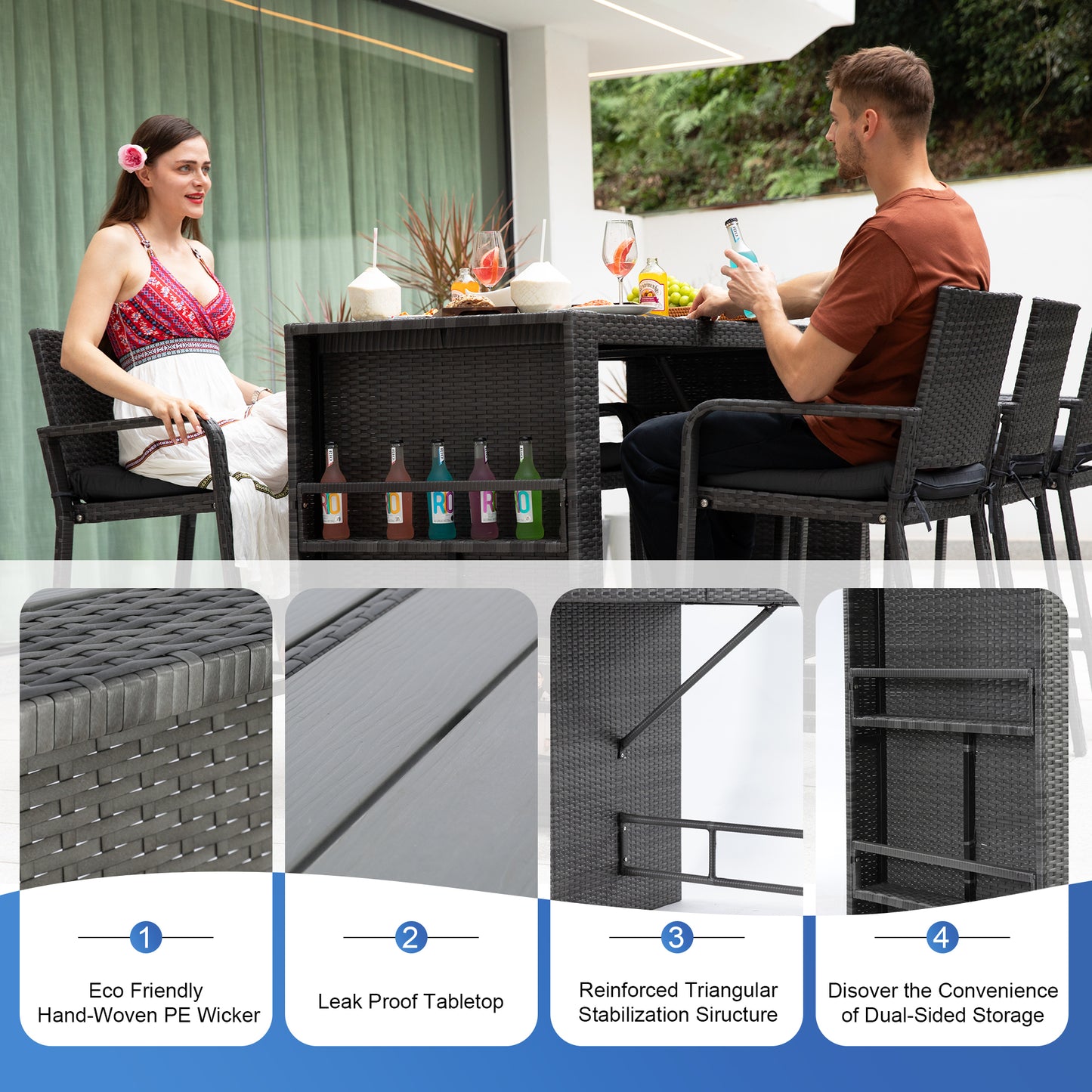 RADIATA 5 Piece High Top Outdoor Bar Table and Chairs Set with Cushions for 4 Seats, Grey Wicker Bar Height Patio Furniture Set with Storage for Backyard Deck Garden and Poolside