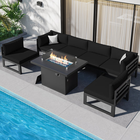 RADIATA 7 Pieces Aluminum Outdoor Patio Sectional Furniture Sofa Set with Fire Pit Table Large Size Luxury Comfortable Durable Water/UV-Resistant Garden Porch Backyard Party
