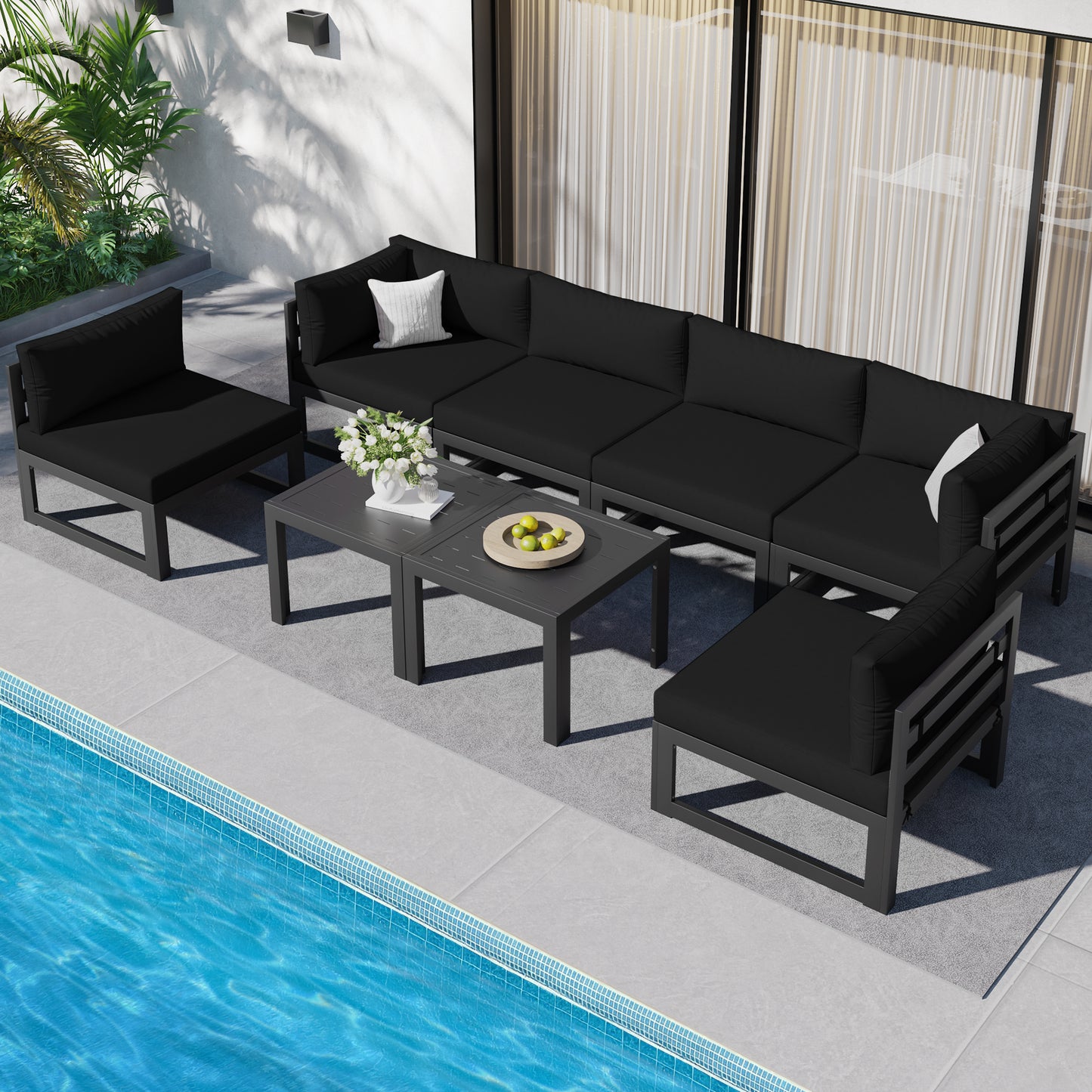 RADIATA 7 Pieces Aluminum Outdoor Patio Sectional Furniture Sofa Set with Fire Pit Table Large Size Luxury Comfortable Durable Water/UV-Resistant Garden Porch Backyard Party
