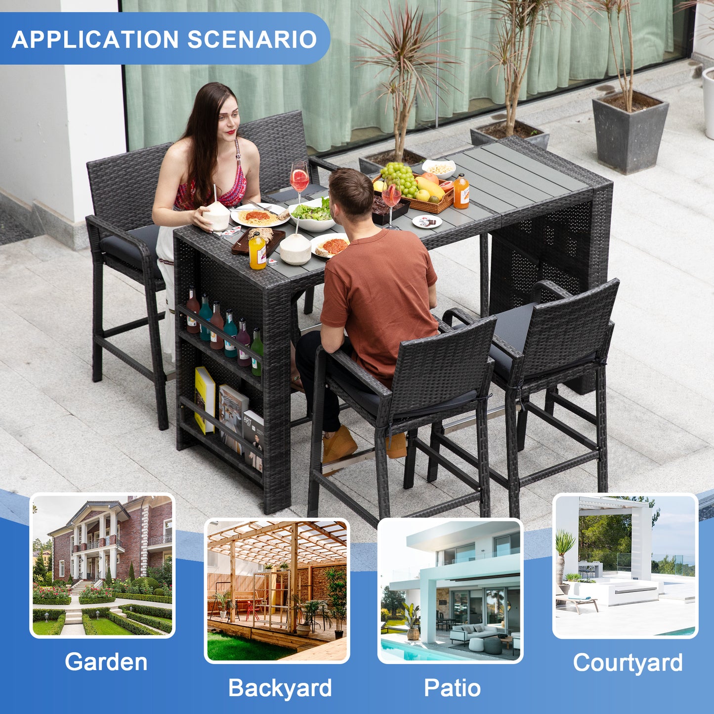 RADIATA 5 Piece High Top Outdoor Bar Table and Chairs Set with Cushions for 4 Seats, Grey Wicker Bar Height Patio Furniture Set with Storage for Backyard Deck Garden and Poolside