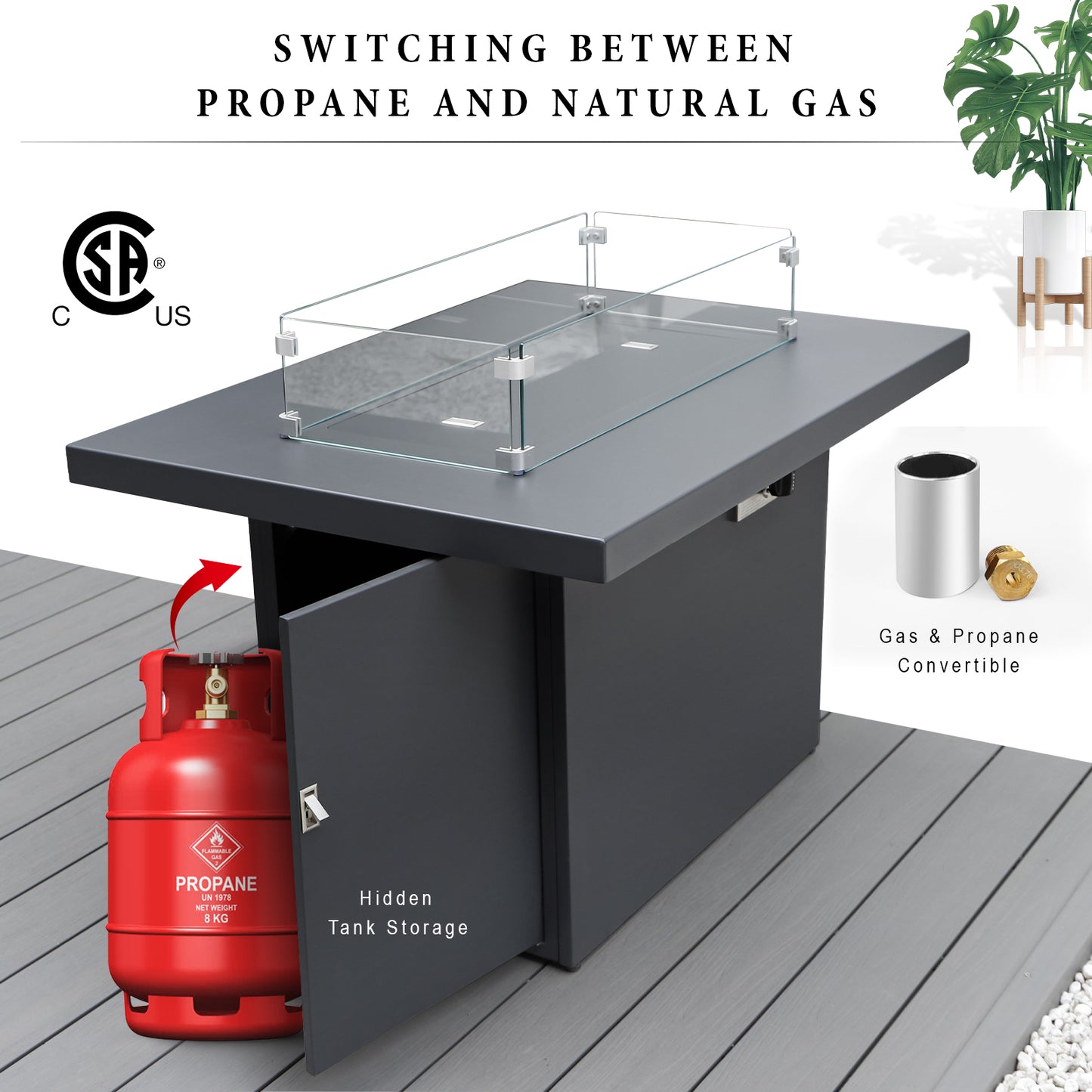 RADIATA Outdoor 43'' Rectangular Grey Aluminum Propane Fire Pit Table 55,000 BTU Output Safe Certified