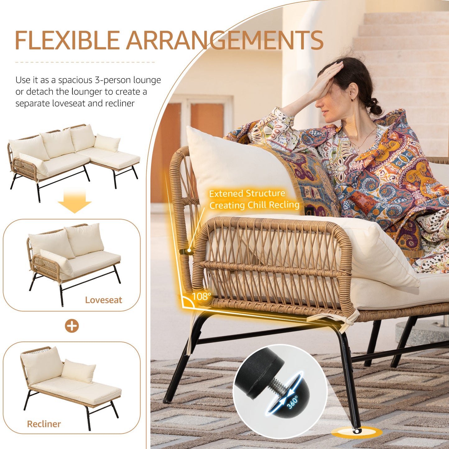 RADIATA Outdoor BOHO Natural Wicker Patio Furniture Set with Beige Cushions