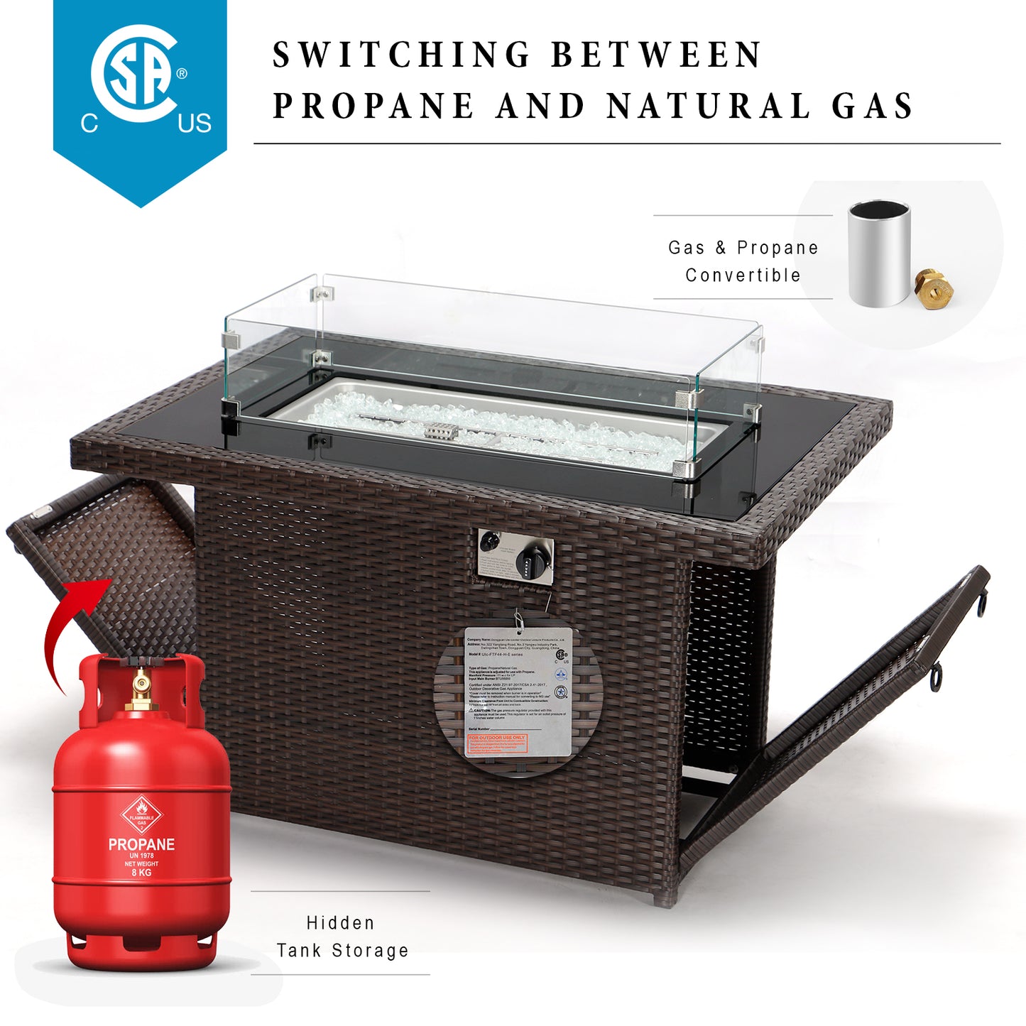 RADIATA Outdoor 43'' Rectangular Brown Wicker Propane Fire Pit Table 55,000 BTU Output Safe Certified