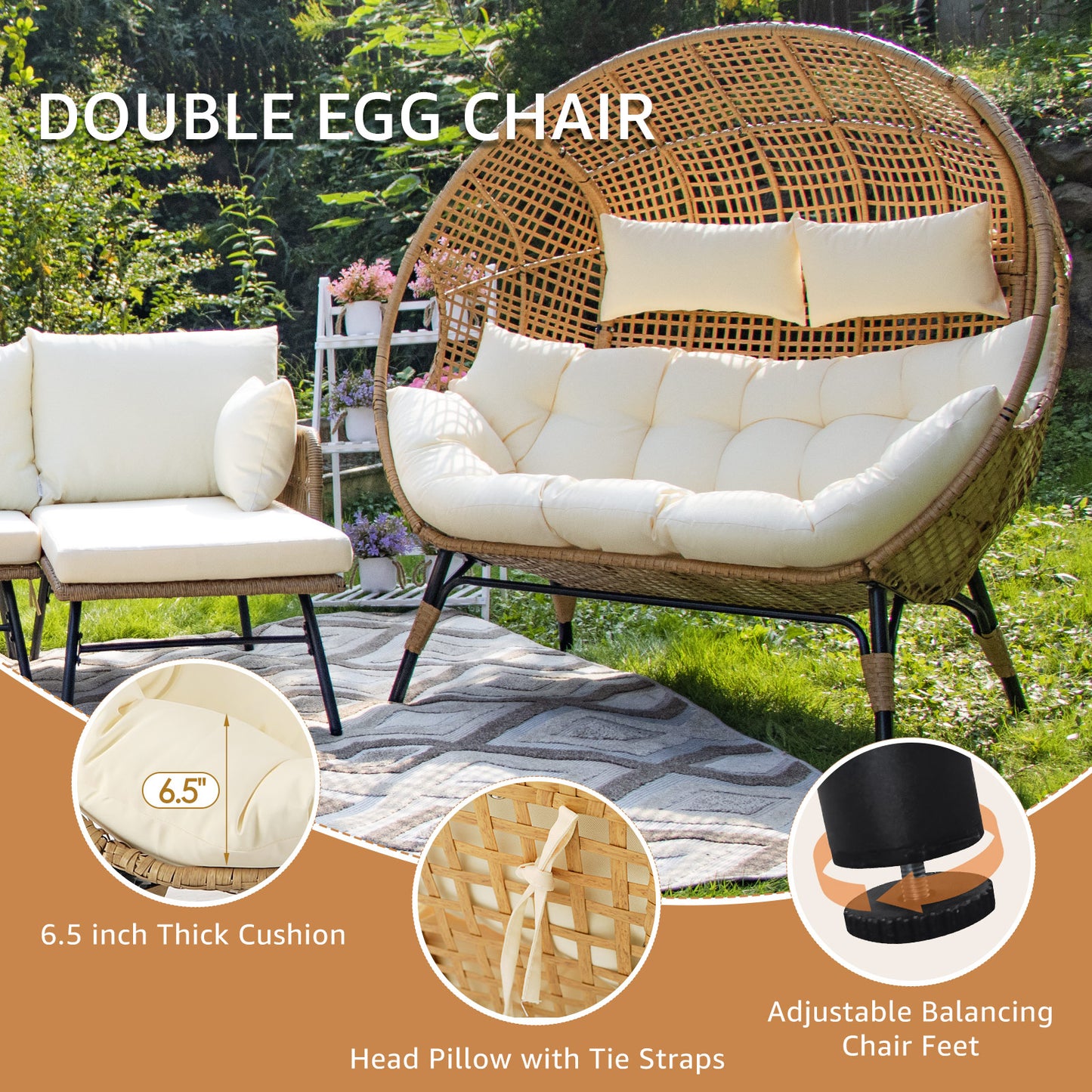 RADIATA Outdoor BOHO Natural Wicker Patio Furniture Set with Beige Cushions