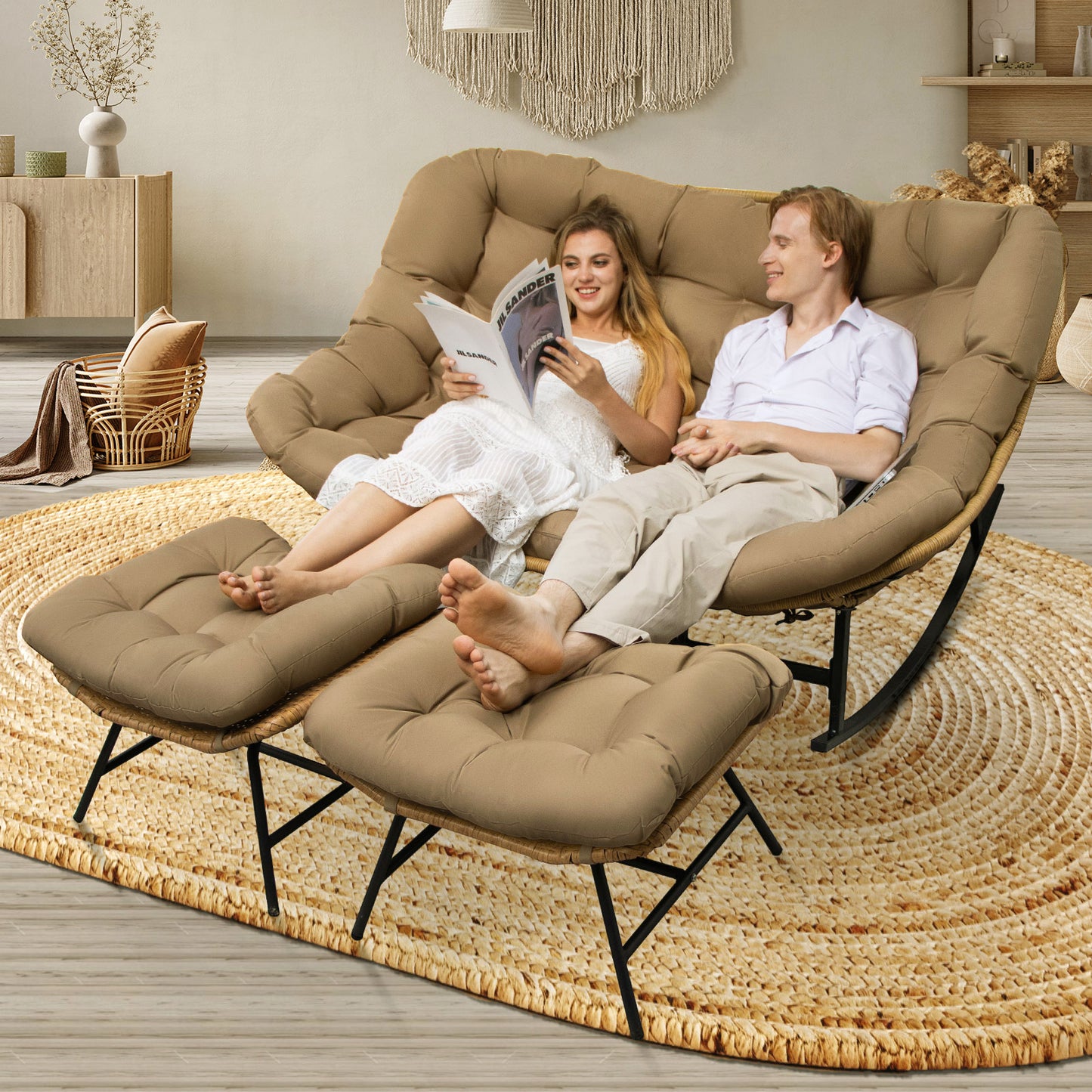 RADIATA Brown Double Outdoor Rocking Chair,2 Person Patio Rocking Egg Chair with Thick Cushion