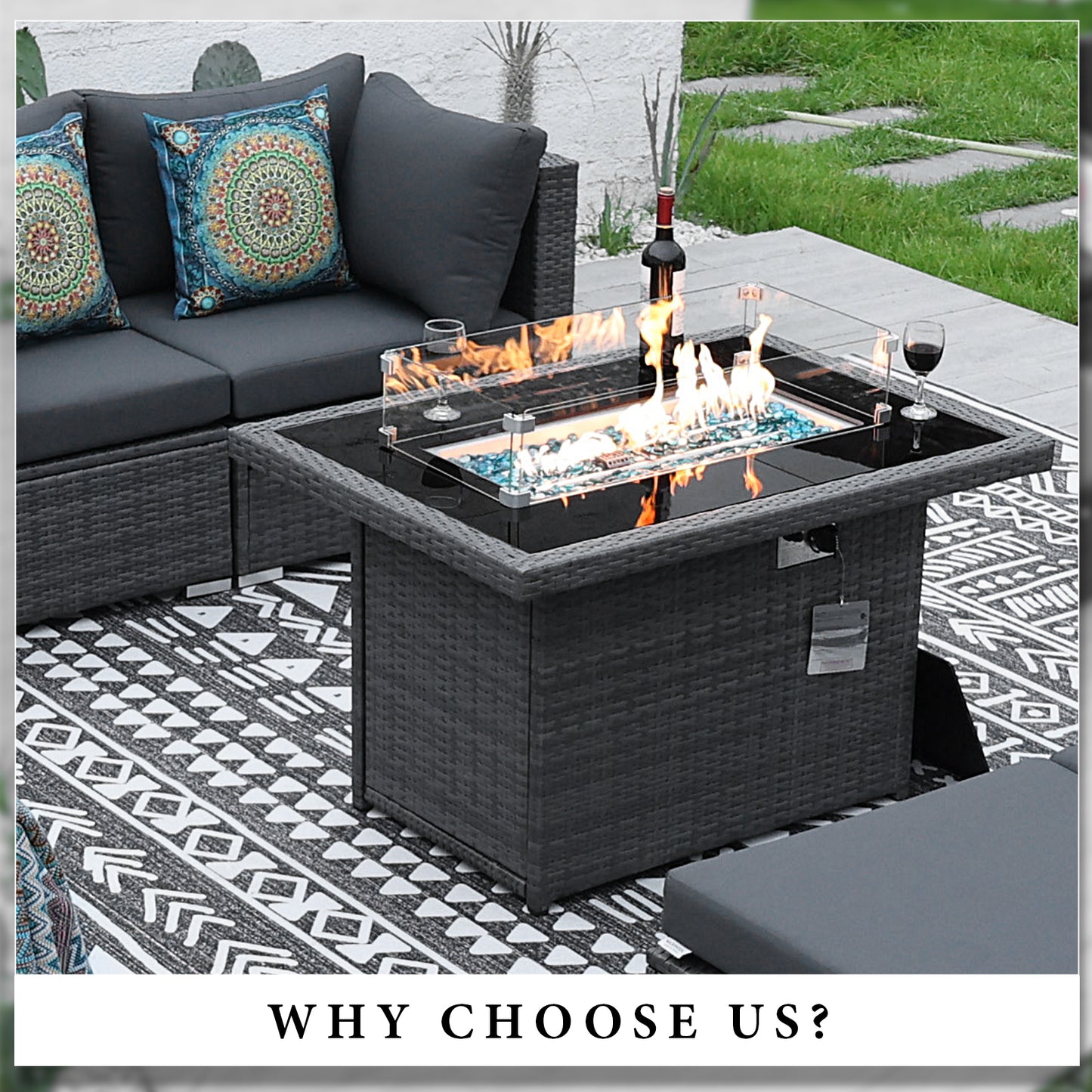 RADIATA Outdoor 43'' Rectangular Gray Wicker Propane Fire Pit Table 55,000 BTU Output Safe Certified