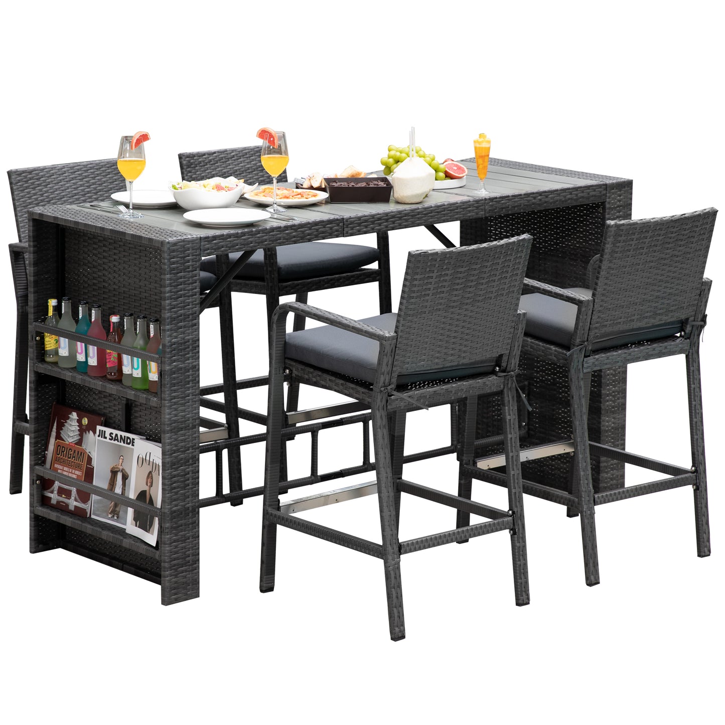 RADIATA 5 Piece High Top Outdoor Bar Table and Chairs Set with Cushions for 4 Seats, Grey Wicker Bar Height Patio Furniture Set with Storage for Backyard Deck Garden and Poolside