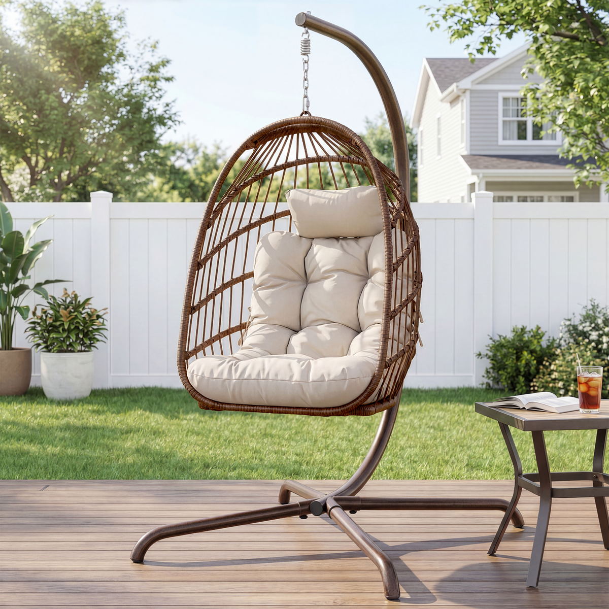 RADIATA Foldable PE Wicker Hanging Egg Chair With Stand Swing Chair With Cushion and Pillow Capacity 350lbs