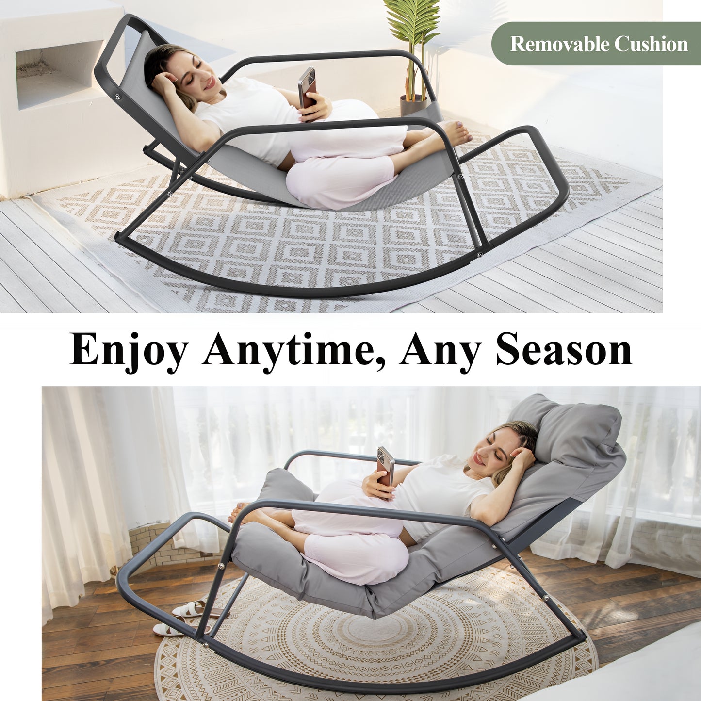 RADIATA Oversized Papasan Rocking Recliner Chair with Footrest, 450lbs Wicker Lounge Chair for Indoor Outdoor Patio, Living Room, Beige