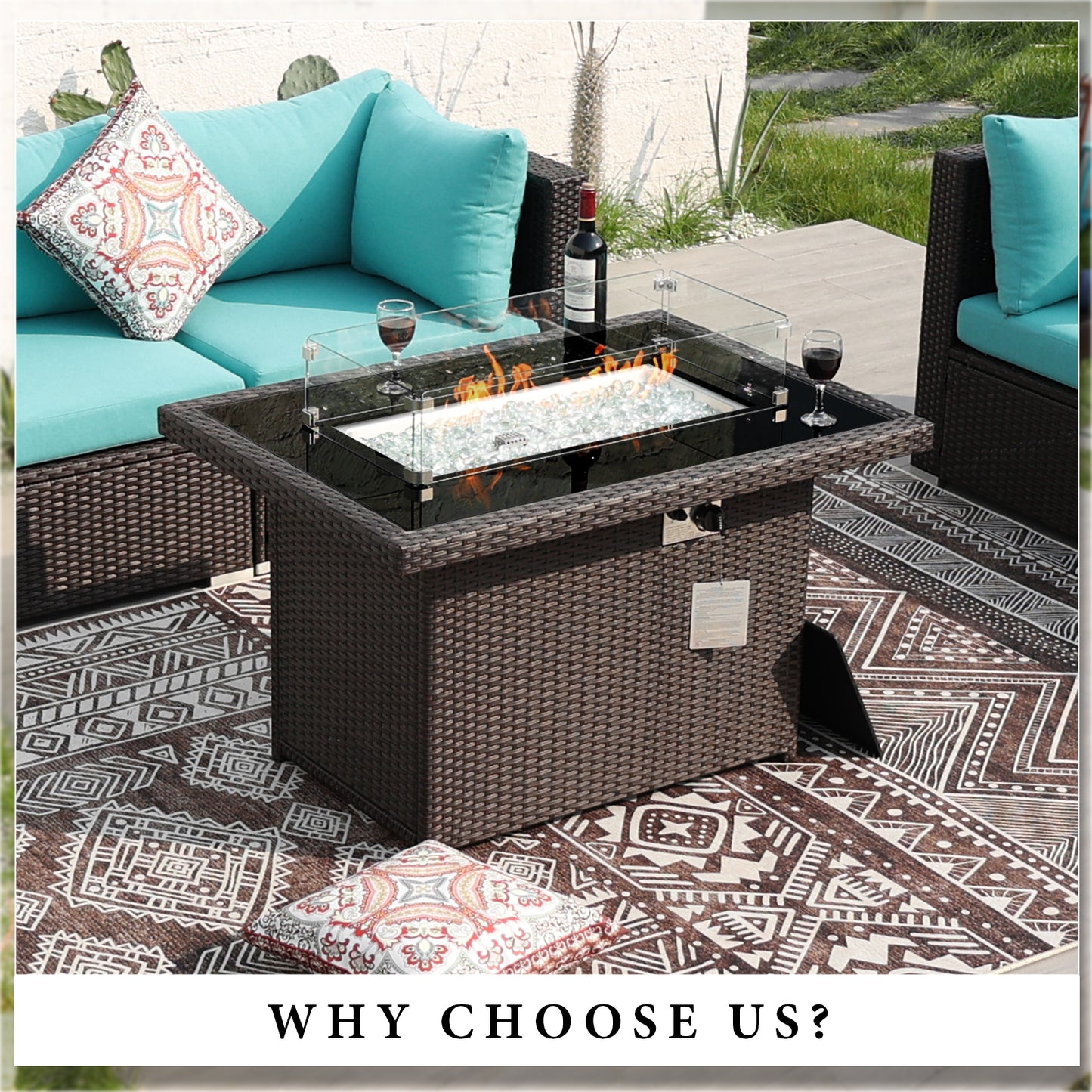 RADIATA Outdoor 43'' Rectangular Brown Wicker Propane Fire Pit Table 55,000 BTU Output Safe Certified