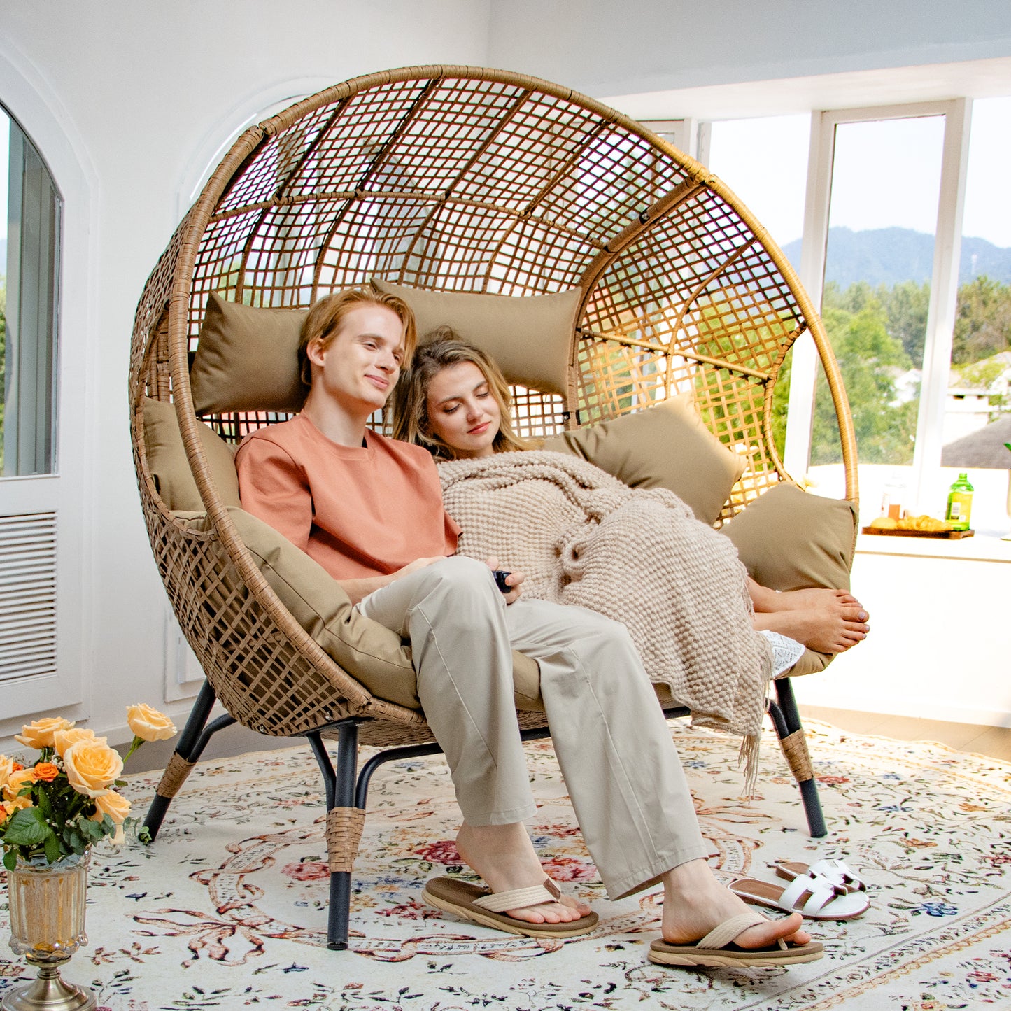 RADIATA Double PE Wicker Stationary Egg Chair with Legs Patio 2 Person Loveseat Chair Indoor Outdoor Oversized PE Rattan Lounge Chair for Garden Balcony