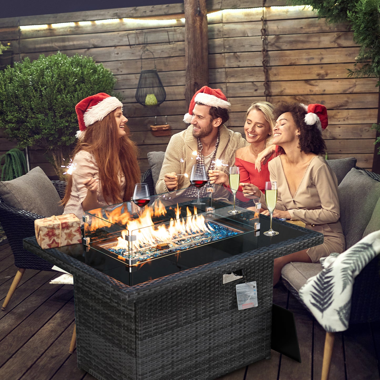 RADIATA Outdoor 43'' Rectangular Gray Wicker Propane Fire Pit Table 55,000 BTU Output Safe Certified