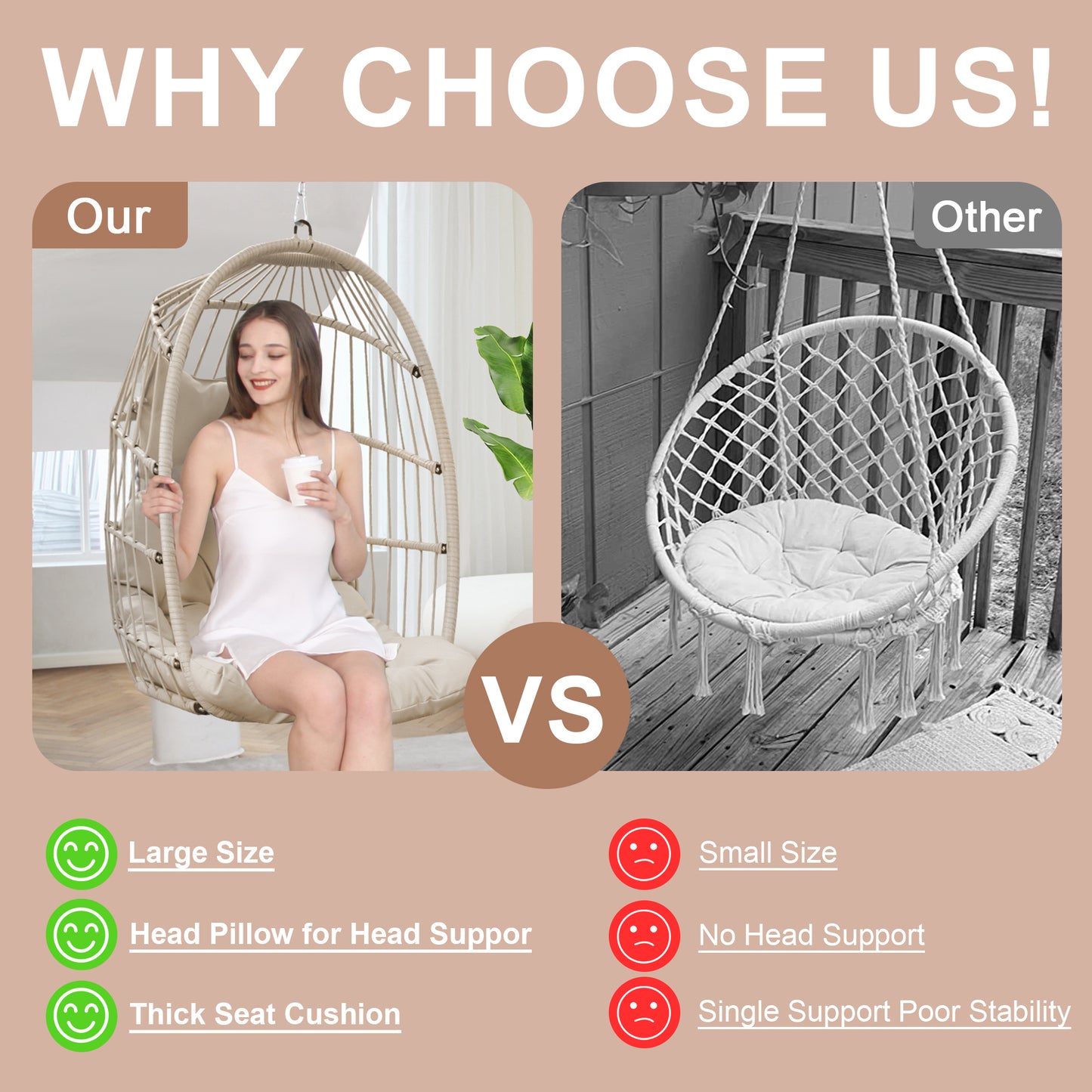 RADIATA Wicker Swing Egg Chair Without Stand Indoor Outdoor Folding Hanging Egg Chair 350 lbs