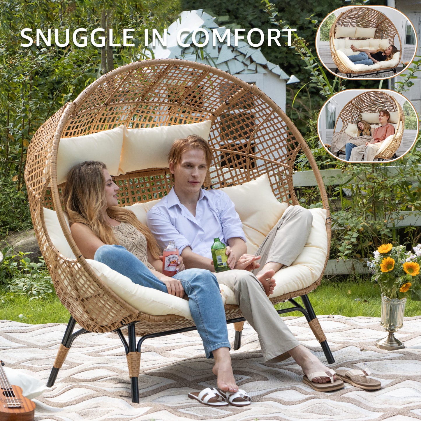 RADIATA Outdoor BOHO Natural Wicker Patio Furniture Set with Beige Cushions