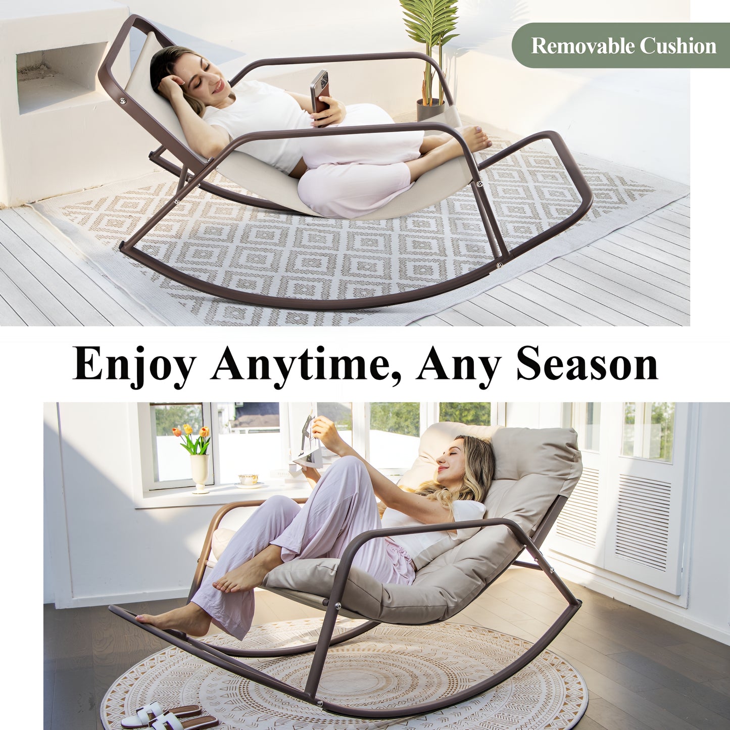 RADIATA Oversized Papasan Rocking Recliner Chair with Footrest, 450lbs Wicker Lounge Chair for Indoor Outdoor Patio, Living Room, Beige
