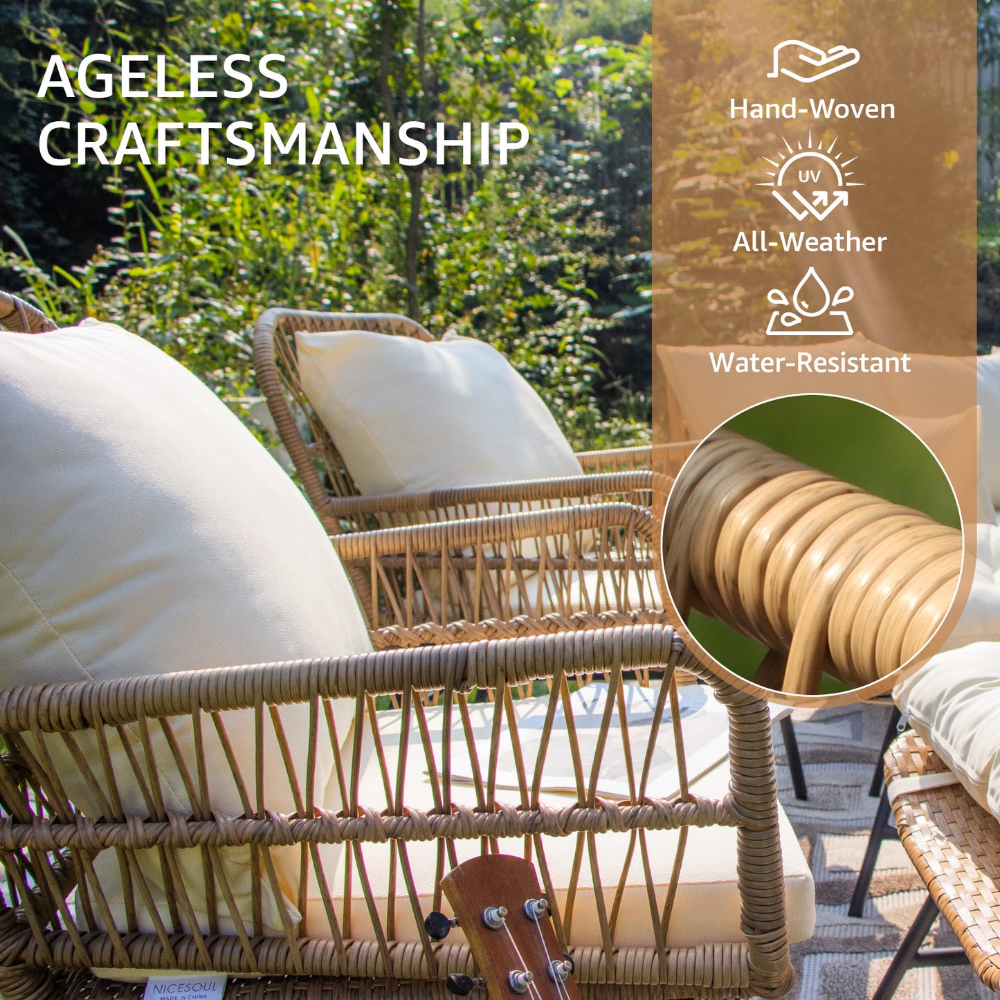 RADIATA Outdoor BOHO Natural Wicker Patio Furniture Set with Beige Cushions