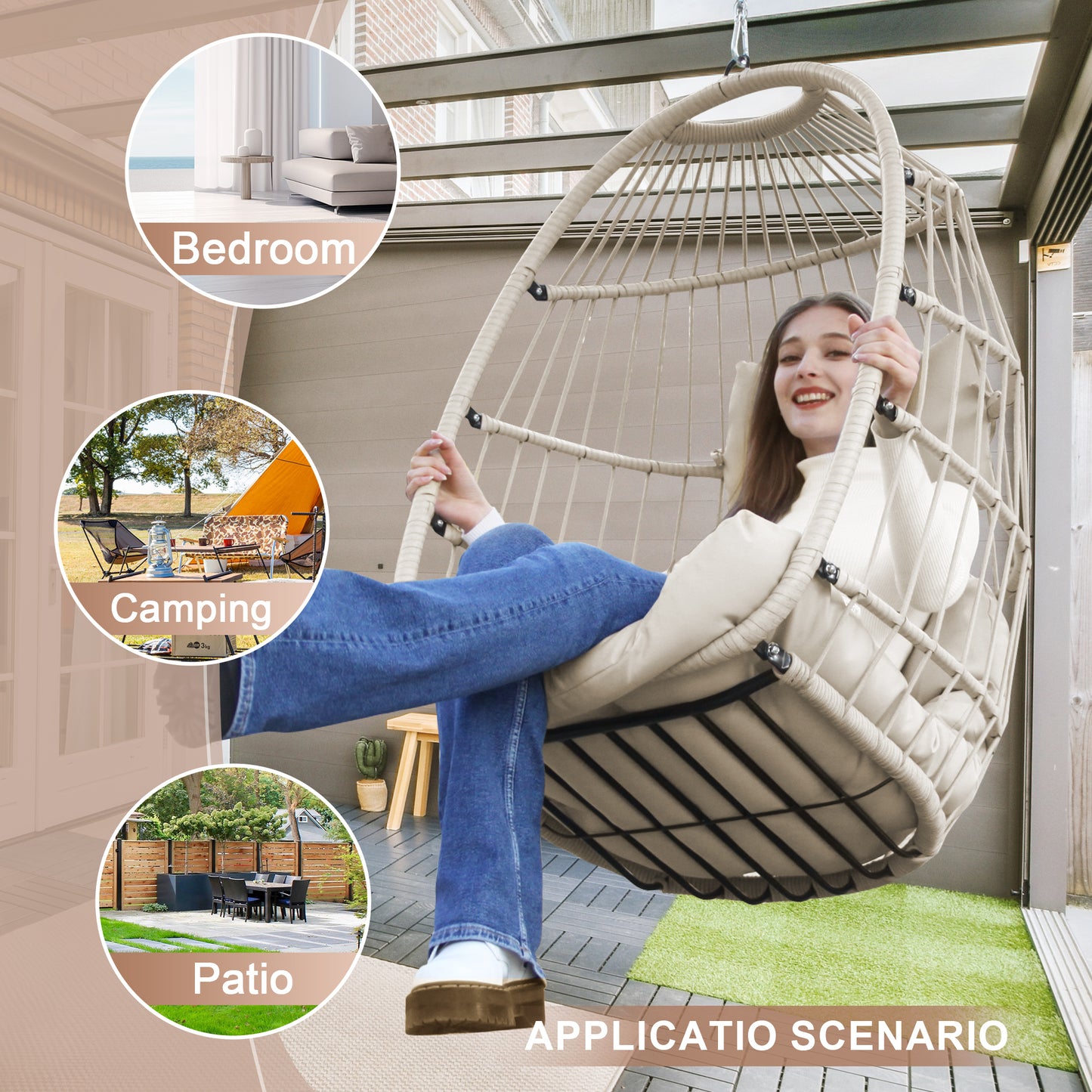 RADIATA Wicker Swing Egg Chair Without Stand Indoor Outdoor Folding Hanging Egg Chair 350 lbs