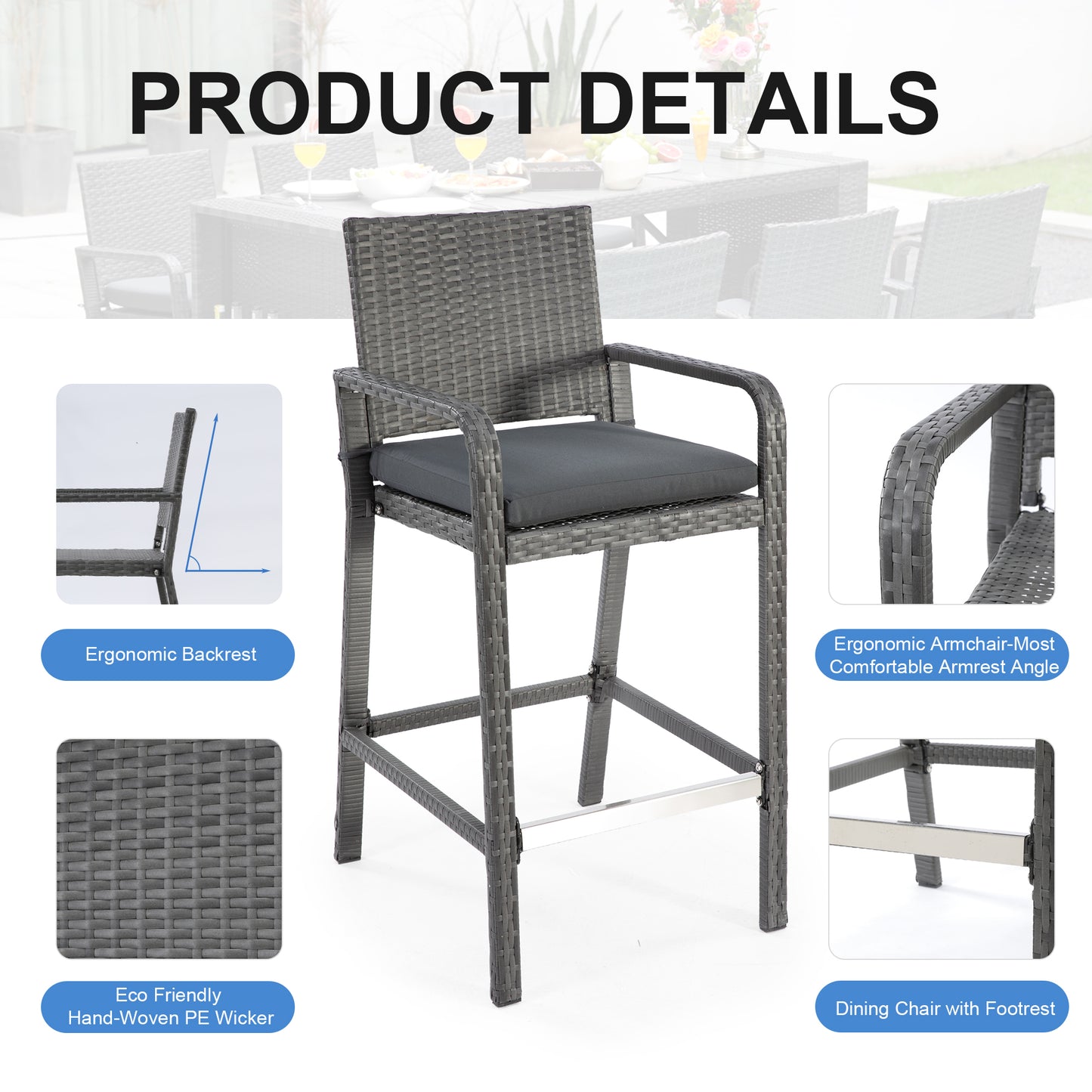 RADIATA 5 Piece High Top Outdoor Bar Table and Chairs Set with Cushions for 4 Seats, Grey Wicker Bar Height Patio Furniture Set with Storage for Backyard Deck Garden and Poolside