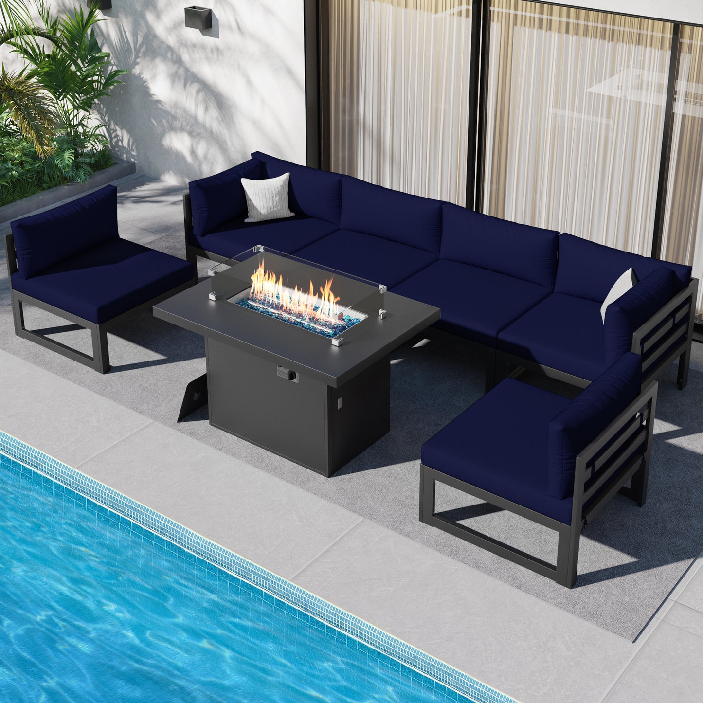 RADIATA 7 Pieces Aluminum Outdoor Patio Sectional Furniture Sofa Set with Fire Pit Table Large Size Luxury Comfortable Durable Water/UV-Resistant Garden Porch Backyard Party