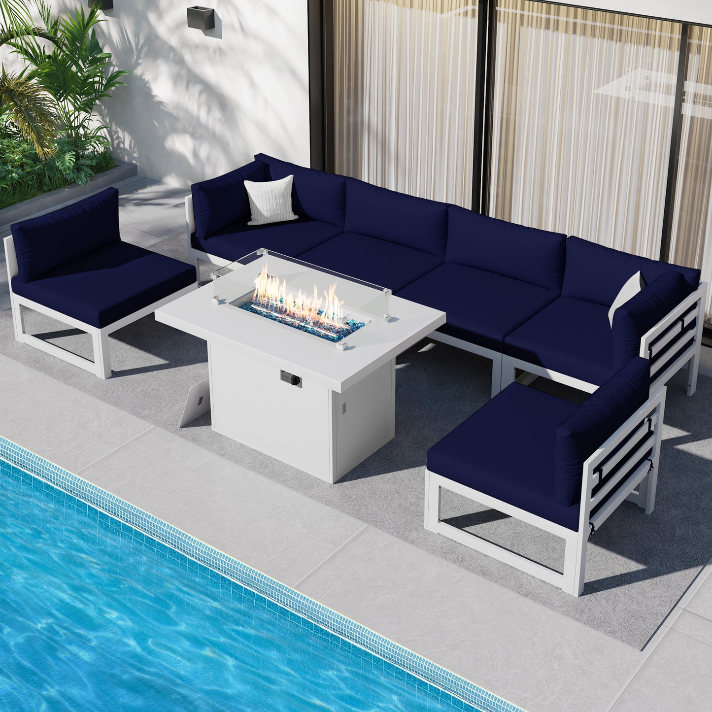RADIATA 7 Pieces Aluminum Outdoor Patio Sectional Furniture Sofa Set with Fire Pit Table Large Size Luxury Comfortable Durable Water/UV-Resistant Garden Porch Backyard Party