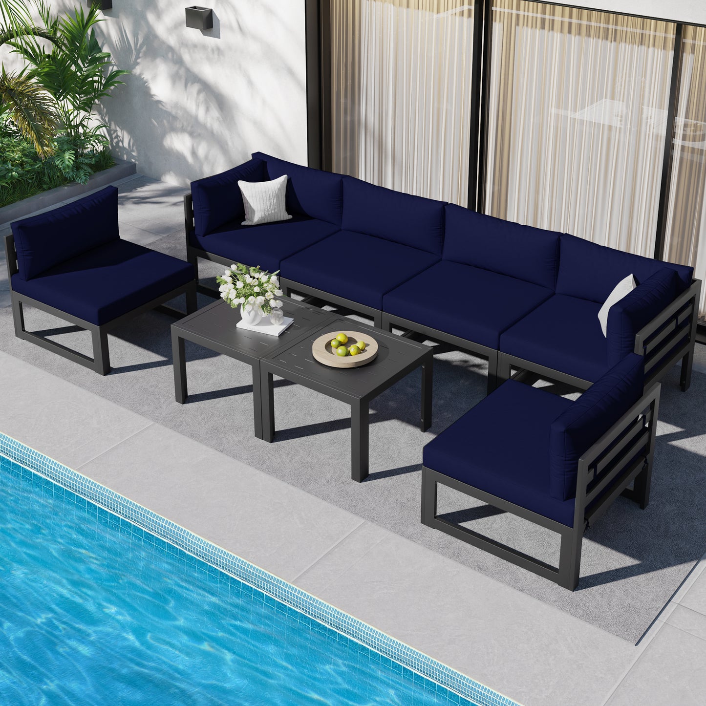 RADIATA 7 Pieces Aluminum Outdoor Patio Sectional Furniture Sofa Set with Fire Pit Table Large Size Luxury Comfortable Durable Water/UV-Resistant Garden Porch Backyard Party