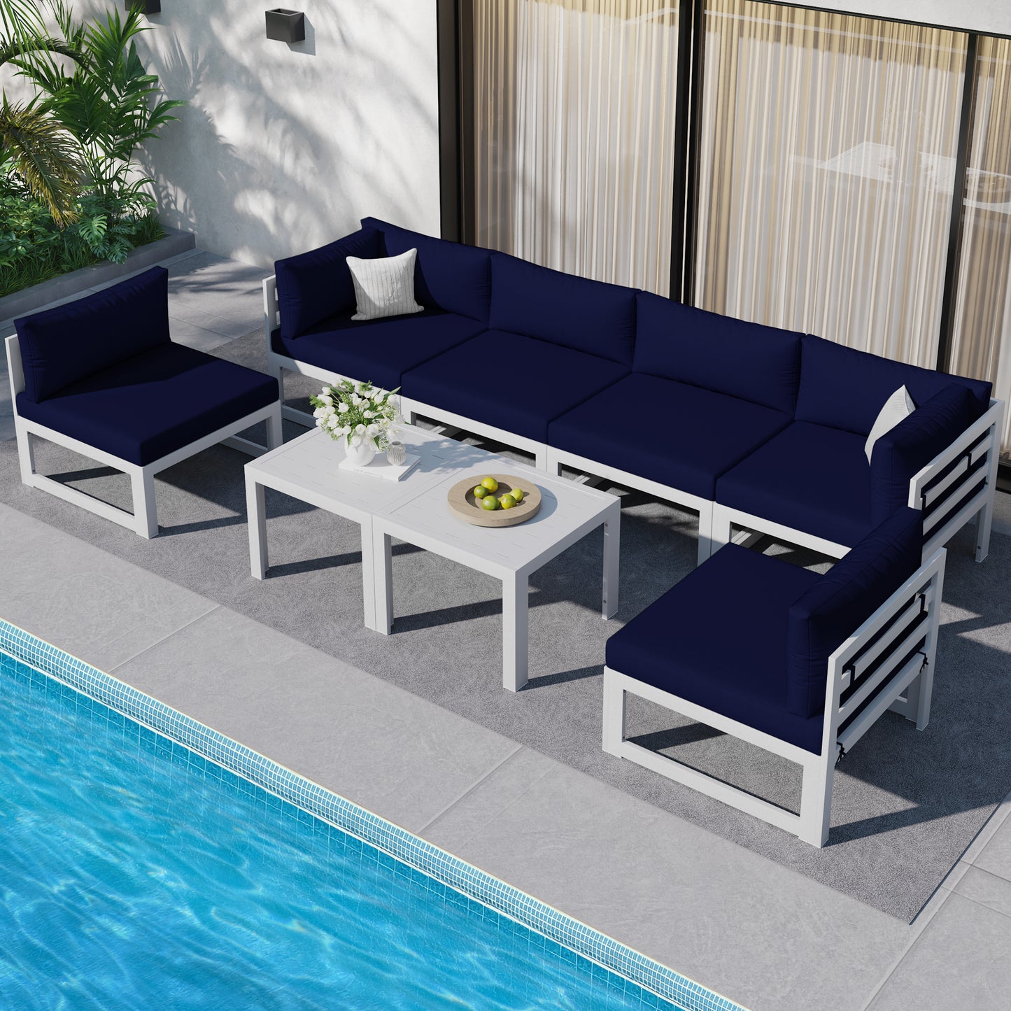 RADIATA 7 Pieces Aluminum Outdoor Patio Sectional Furniture Sofa Set with Fire Pit Table Large Size Luxury Comfortable Durable Water/UV-Resistant Garden Porch Backyard Party