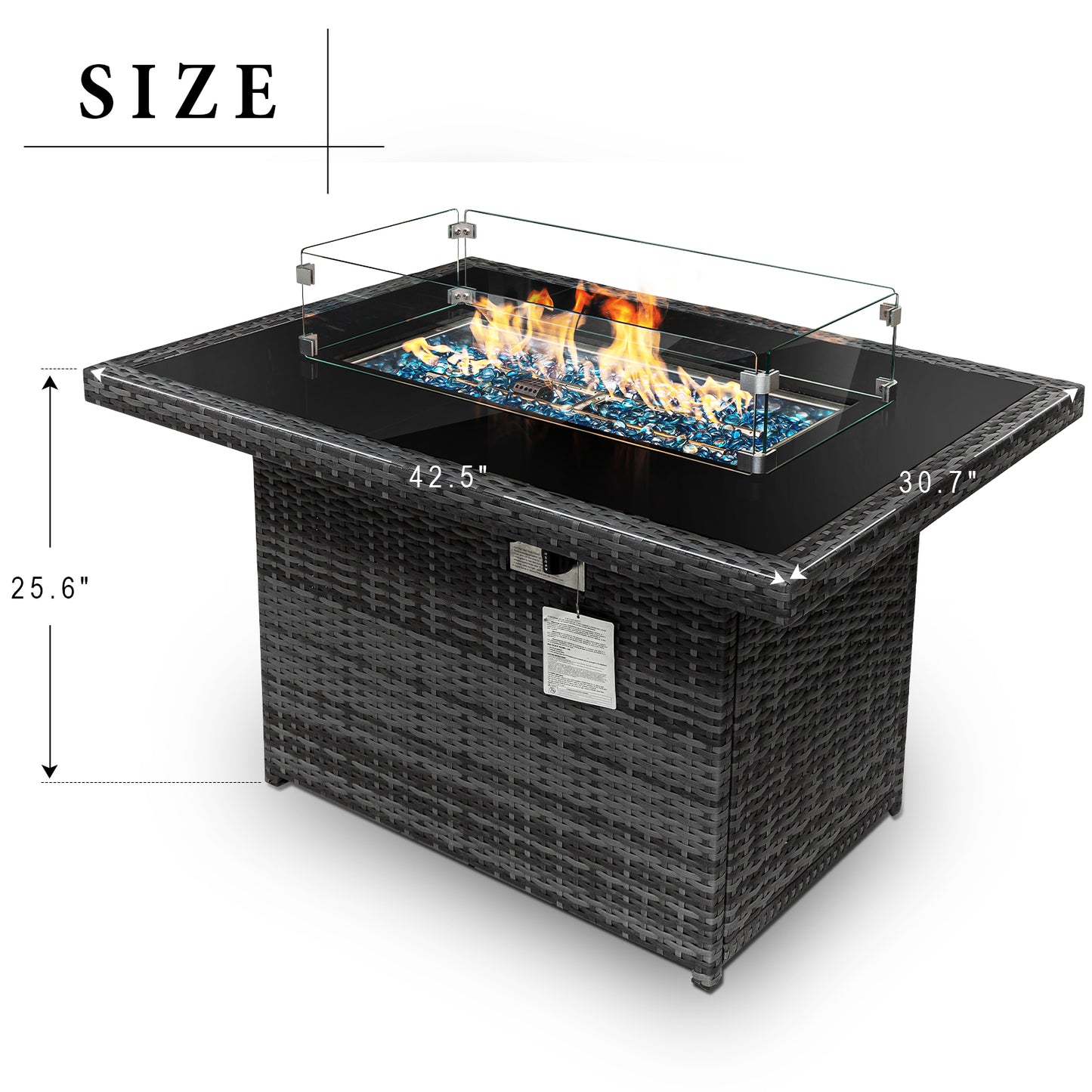 RADIATA Outdoor 43'' Rectangular Gray Wicker Propane Fire Pit Table 55,000 BTU Output Safe Certified