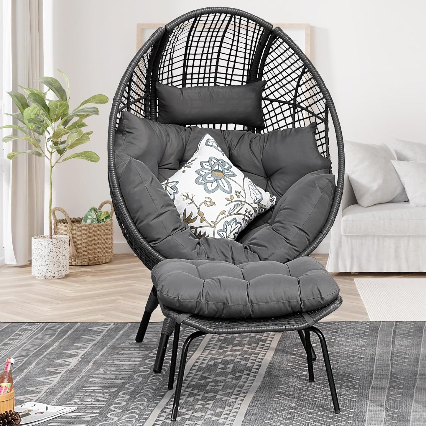 RADIATA Egg Chair with Footrest Outdoor Wicker Patio Egg Chairs with Ottoman for Indoor Bedroom Outside Porch Deck Backyard Garden