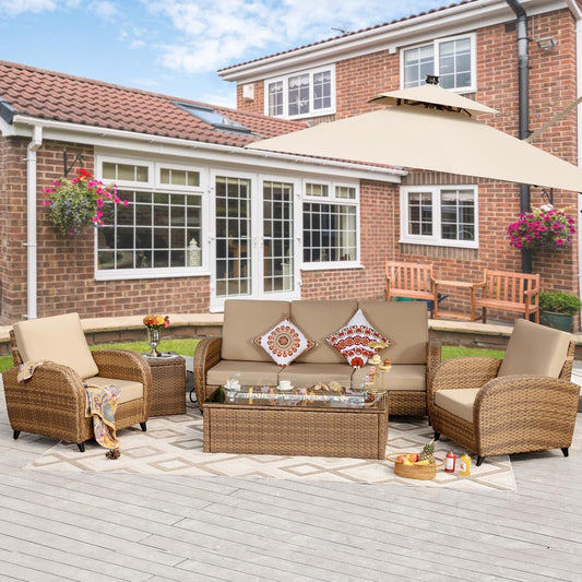 RADIATA Brown Retro PE Wicker Patio Furniture Conversation Sofa Set with Propane/Natural Gas Fire Pit Table, Large Size High Back Outdoor Sectional Furniture