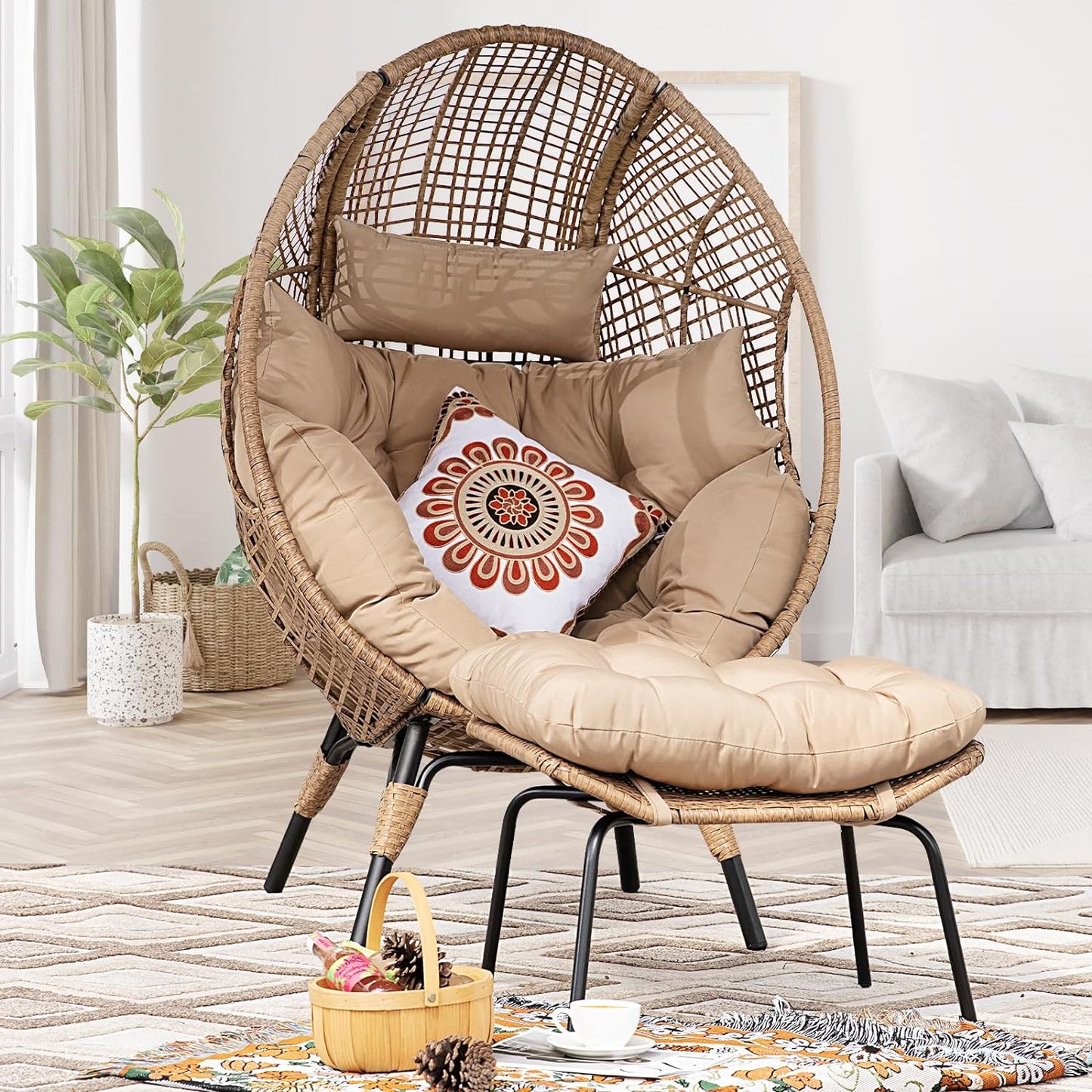 RADIATA Egg Chair with Footrest Outdoor Wicker Patio Egg Chairs with Ottoman for Indoor Bedroom Outside Porch Deck Backyard Garden