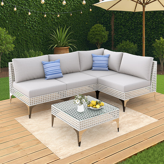 Radiata Modular Patio Furniture Set with Fire Pit Table, Outdoor Sectional High Back Wicker Couch Set, Grey Cushions