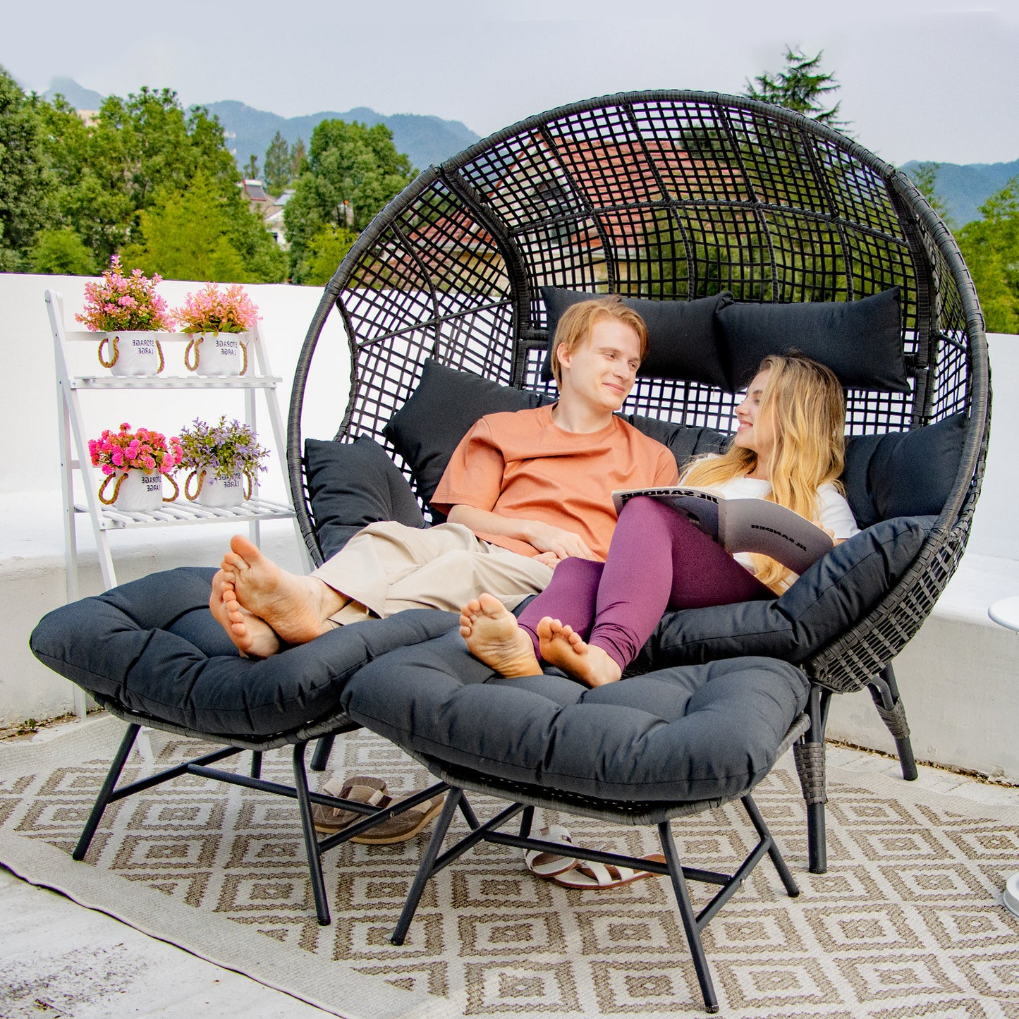 RADIATA Double PE Wicker Stationary Egg Chair with Legs Patio 2 Person Loveseat Chair Indoor Outdoor Oversized PE Rattan Lounge Chair for Garden Balcony