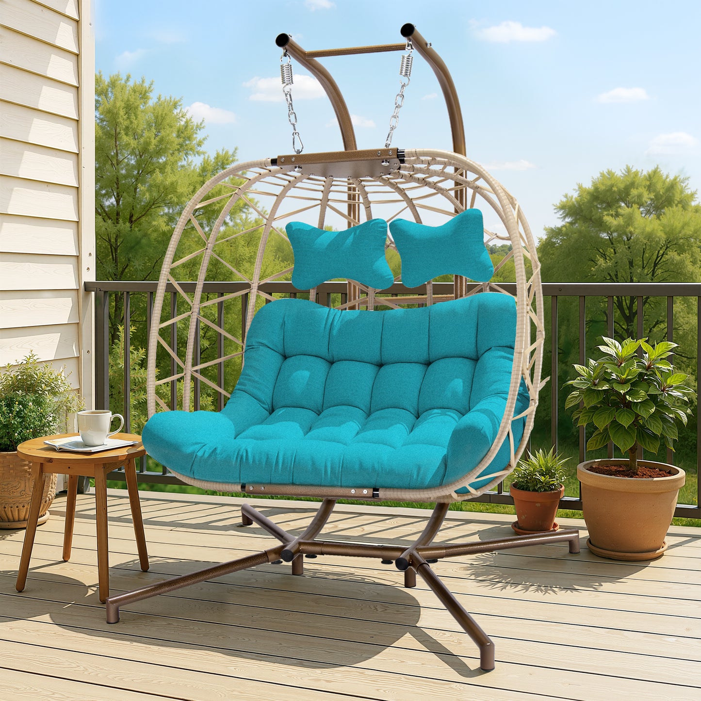 FINCATI® Wicker Double Egg Chair with Cushions for 2 Person Outdoor, Maximum Weight 700 lbs