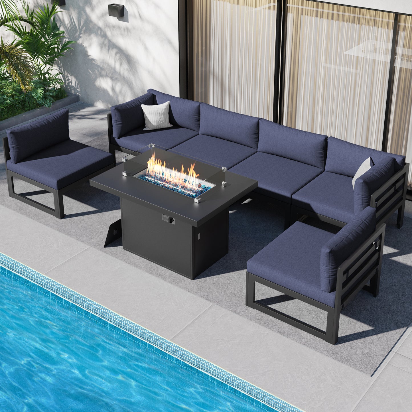 RADIATA 7 Pieces Aluminum Outdoor Patio Sectional Furniture Sofa Set with Fire Pit Table Large Size Luxury Comfortable Durable Water/UV-Resistant Garden Porch Backyard Party