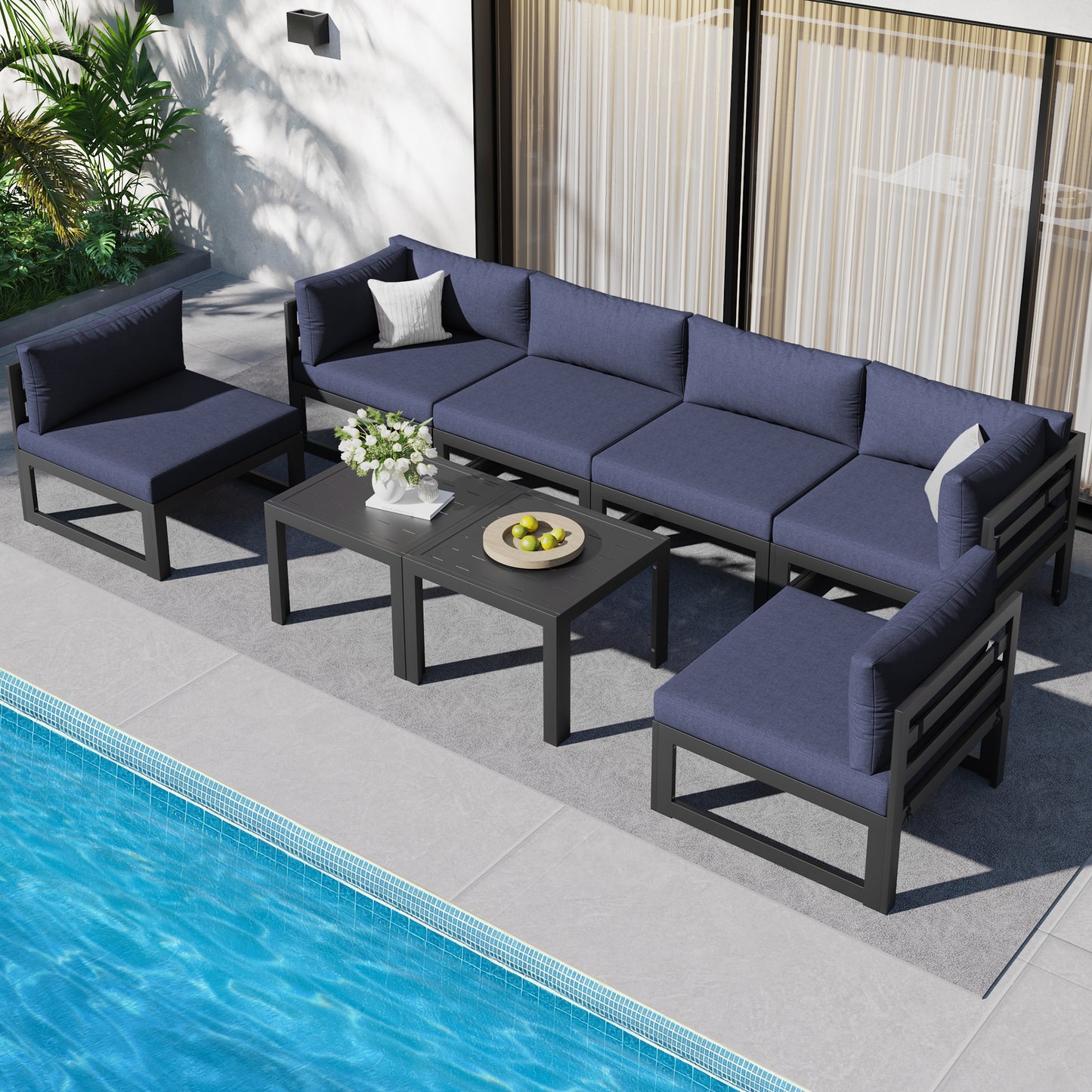 RADIATA 7 Pieces Aluminum Outdoor Patio Sectional Furniture Sofa Set with Fire Pit Table Large Size Luxury Comfortable Durable Water/UV-Resistant Garden Porch Backyard Party