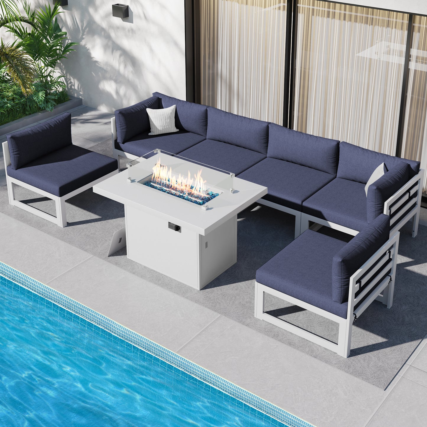RADIATA 7 Pieces Aluminum Outdoor Patio Sectional Furniture Sofa Set with Fire Pit Table Large Size Luxury Comfortable Durable Water/UV-Resistant Garden Porch Backyard Party