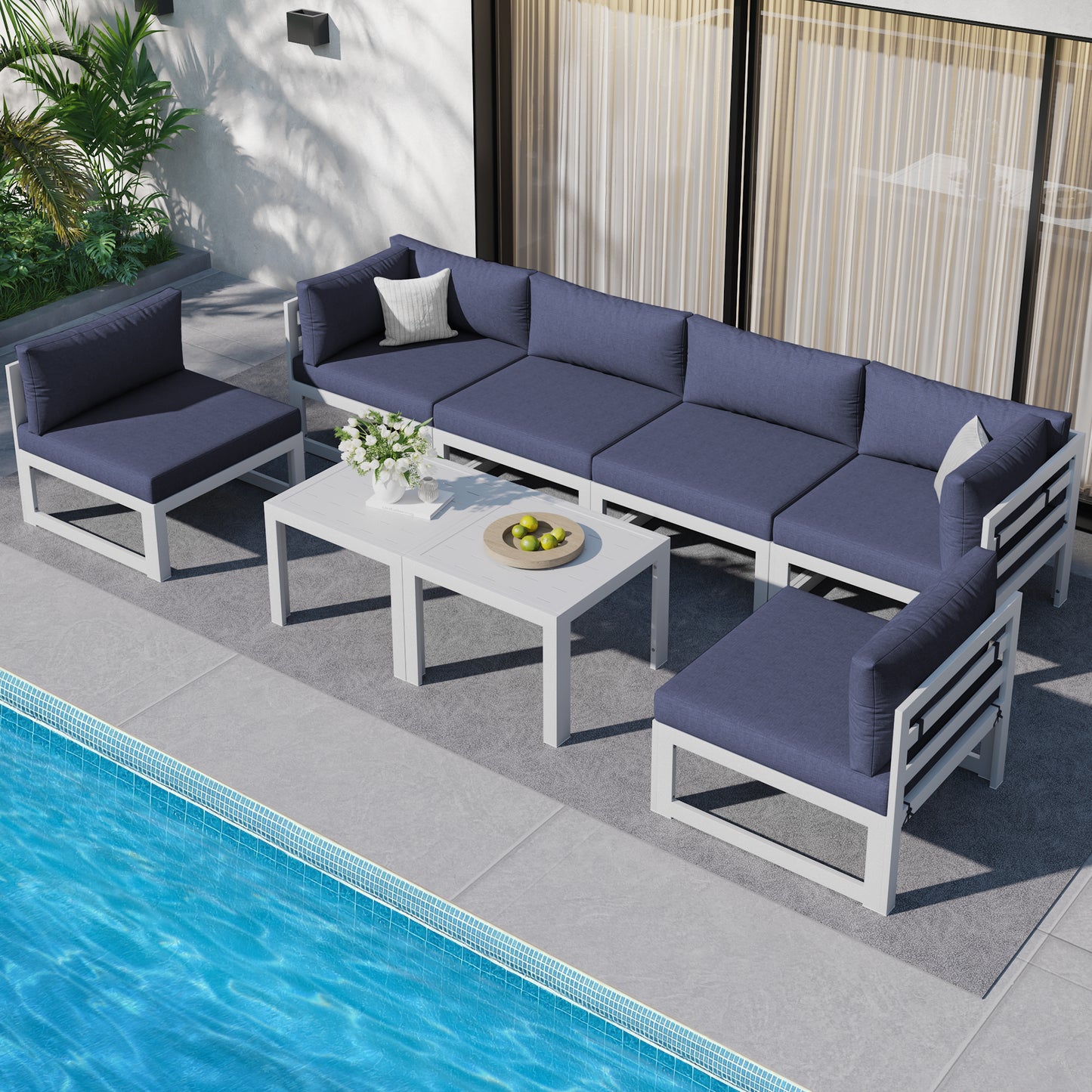 RADIATA 7 Pieces Aluminum Outdoor Patio Sectional Furniture Sofa Set with Fire Pit Table Large Size Luxury Comfortable Durable Water/UV-Resistant Garden Porch Backyard Party