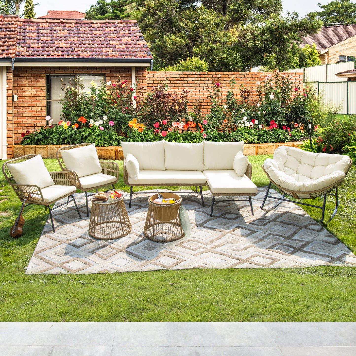 RADIATA Outdoor BOHO Natural Wicker Patio Furniture Set with Beige Cushions