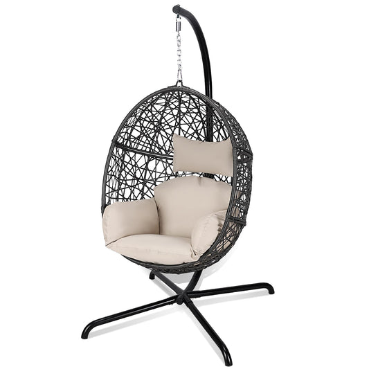 RADIATA Swing Egg Chair Bird Nest Cage Chair with Stand Thicken Gray UV-Resistant Cushion Indoor Outdoor Premium Rattan Wovend Sturdy Metal Frame 275lbs Capacity for Bedroom Living Room