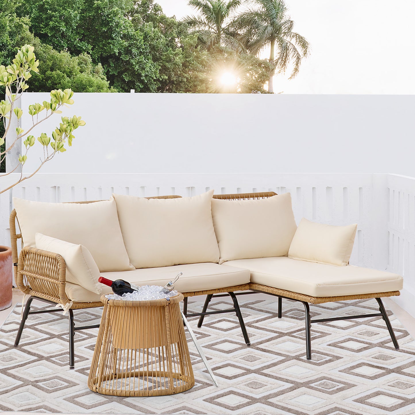 FINCATI Outdoor BOHO Natural Wicker Patio Furniture Set with Beige Cushions