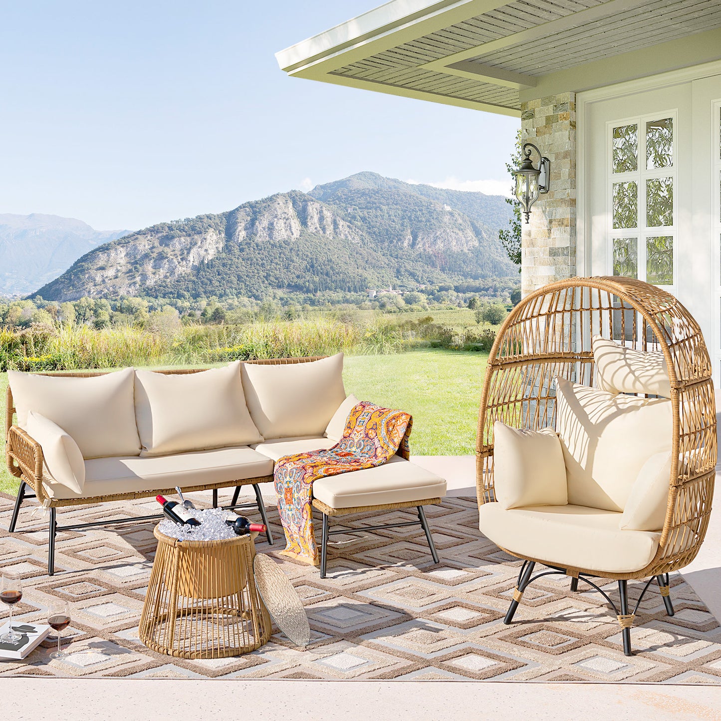 FINCATI Outdoor BOHO Natural Wicker Patio Furniture Set with Beige Cushions