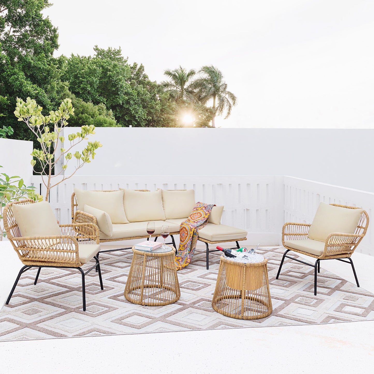 FINCATI Outdoor BOHO Natural Wicker Patio Furniture Set with Beige Cushions