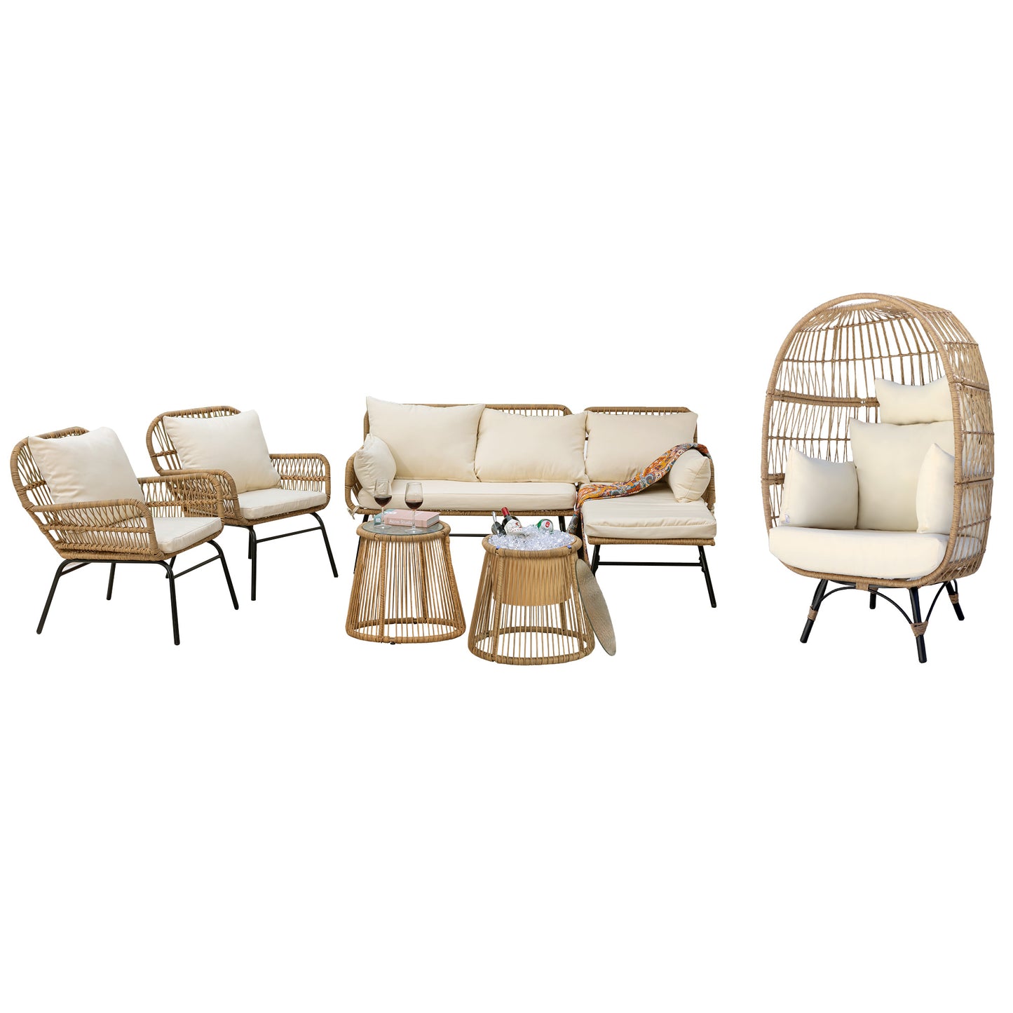 RADIATA Outdoor BOHO Natural Wicker Patio Furniture Set with Beige Cushions