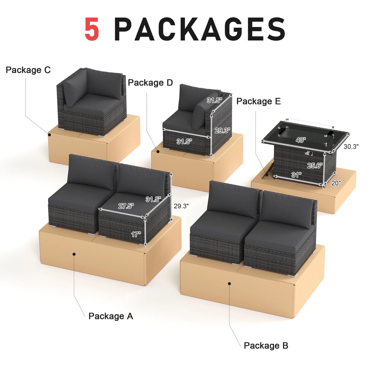 RADIATA 7-Piece Patio Furniture Set with Fire Pit Table, Outdoor Sectional with Fire Pit Table, Patio Couch Set with Fire Pit Table, Patio Furniture Set Outdoor Sectionals,Gray/Dark Gray