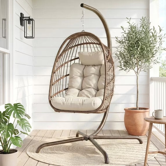 RADIATA Indoor Outdoor Hanging Egg Chair with Stand, 5" Thick Cushion, 350 lb Capacity, Fully Wrapped Wicker, Foldable Swing Chair, No Ceiling Drilling Needed