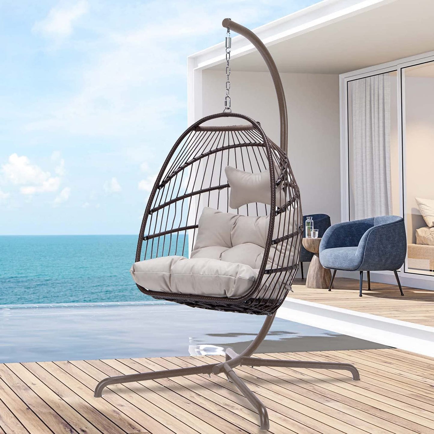 RADIATA Foldable PE Wicker Hanging Egg Chair With Stand Swing Chair With Cushion and Pillow Capacity 350lbs