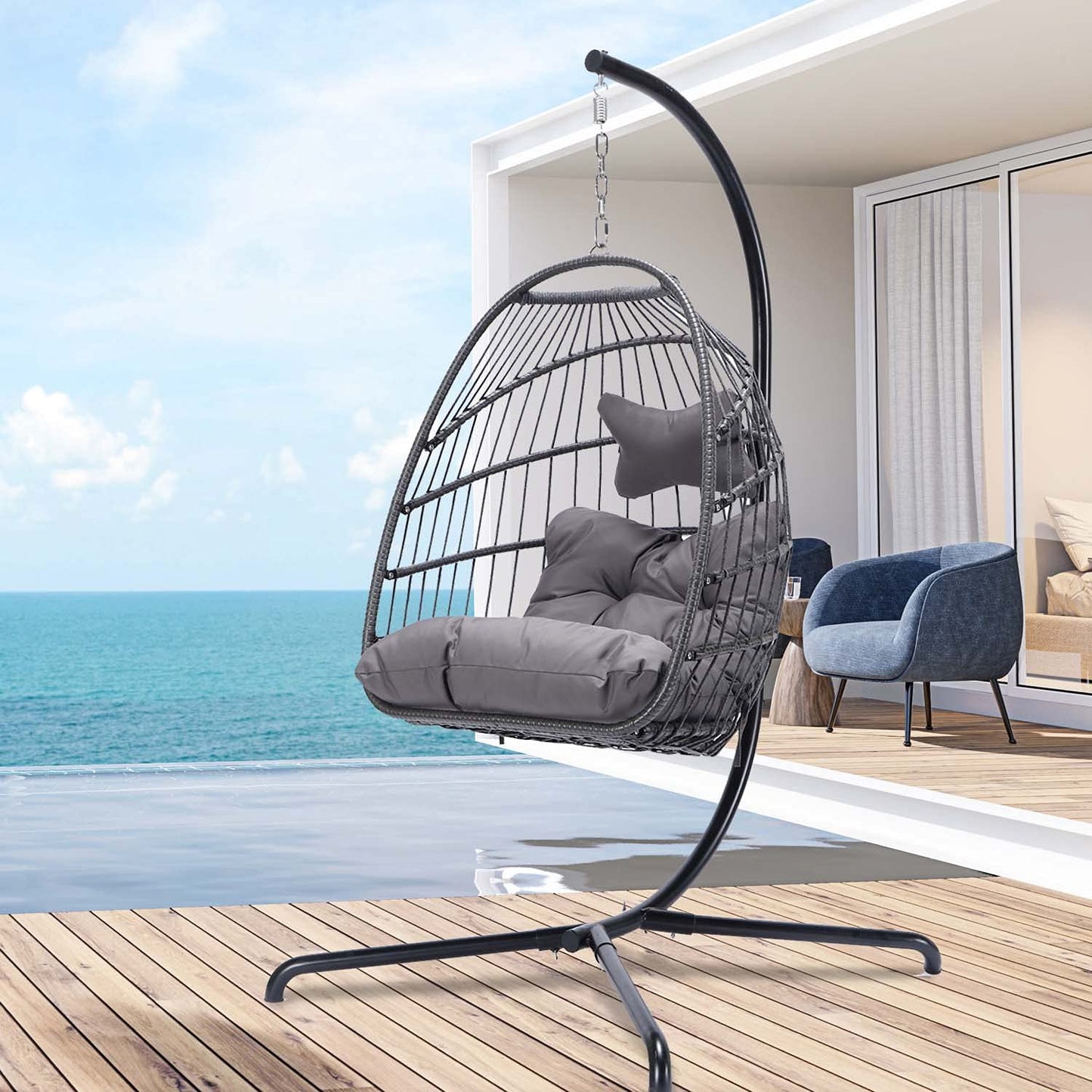 RADIATA Foldable PE Wicker Hanging Egg Chair With Stand Swing Chair With Cushion and Pillow Capacity 350lbs